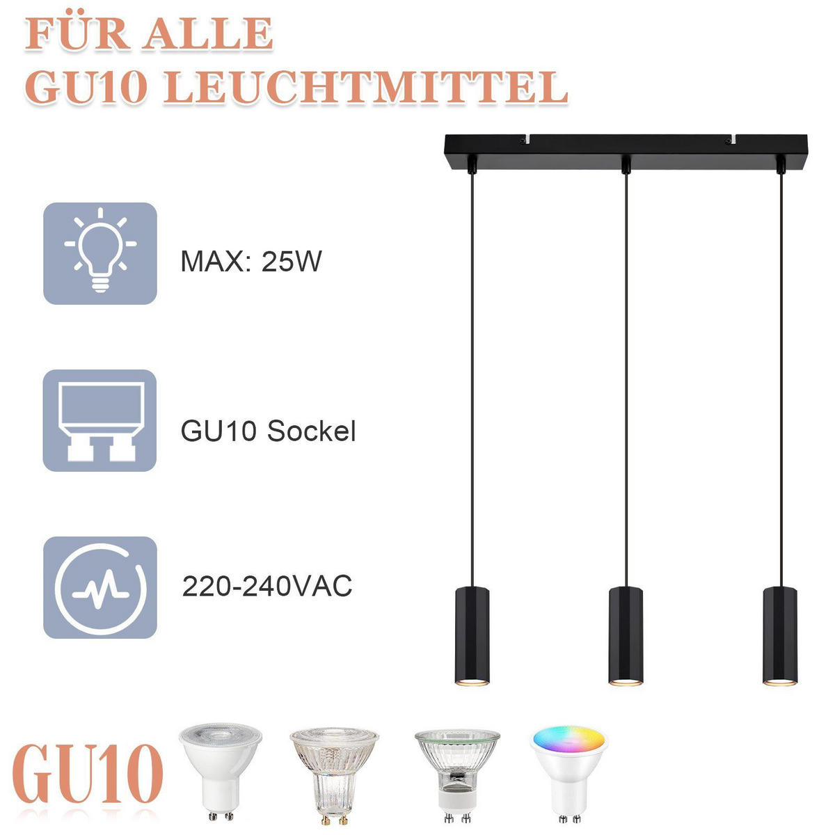 HÄNGELEUCHTE Stärke 3-flammig 44/6/170 cm - Schwarz, Metall (44/6/170cm) - Nettlife