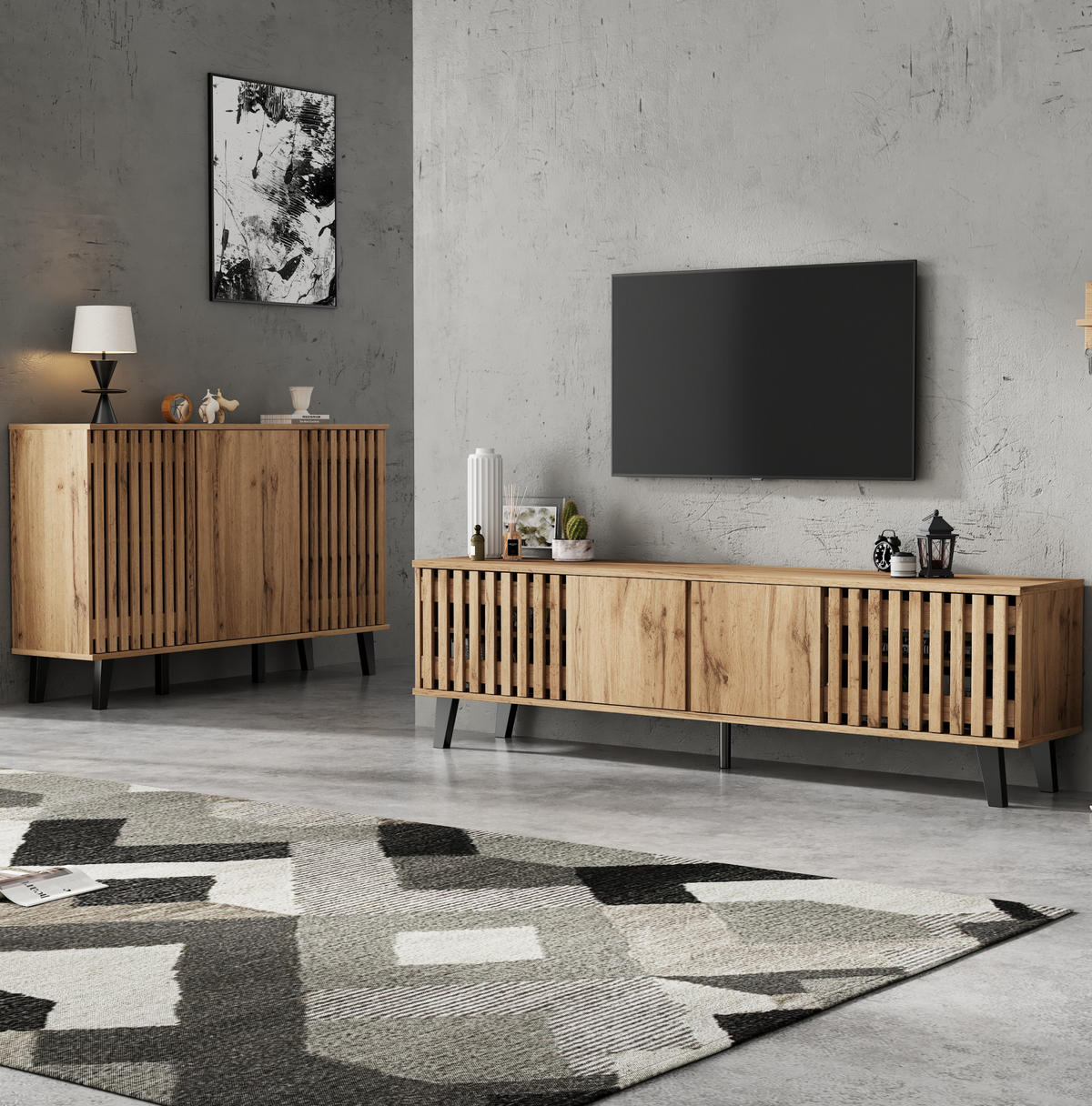 SADA TV stolku a komody z dřevotřísky 180x40x55/150x40x95 cm v dekoru přírodního dřeva s úložným prostorem - světle hnědá, kompozitní dřevo (180/55/40cm) - Modfu