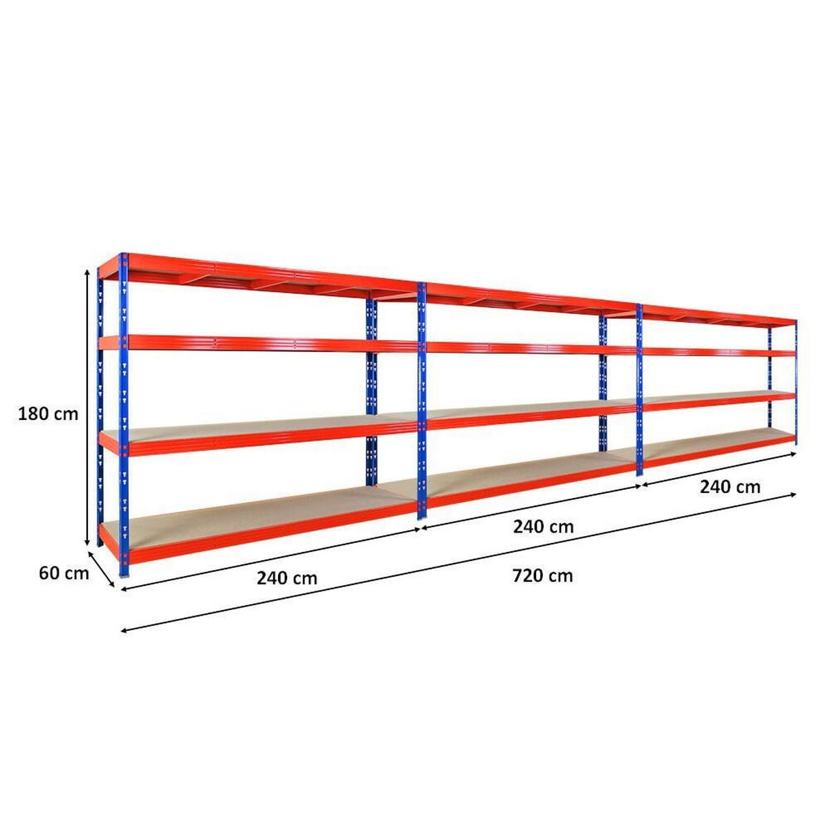 SCHWERLASTREGAL 3er-Set Rhino 180x240x60cm 4 Spanplatten-Ebenen 8mm Fachlast 450kg Blau/Orange - Orange, Metall (720/180/60cm) - PROREGAL