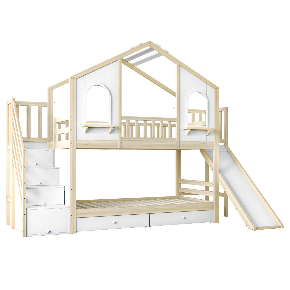 SPIELBETT 90/200 cm DE-01484, in Holzfarbe, mit Rutsche, Aufbewahrungsleiter und 2 Schubladen - Naturfarben, Holz (90/200cm) - ComfortXL