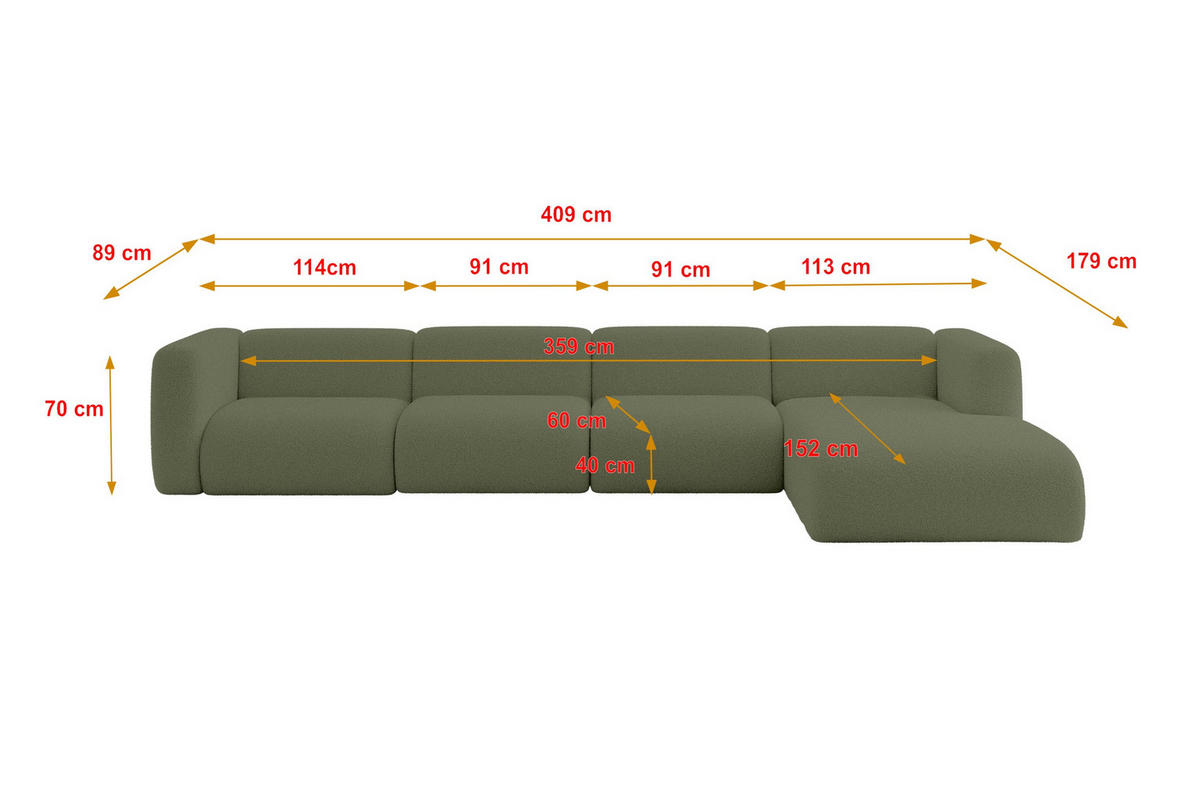 ECKSOFA Ottomane Rechts MIRA-L3 409x179x70 Grün Bouclé - Schwarz/Olivgrün, Holzwerkstoff/Kunststoff (409/179cm) - ALTDECOR