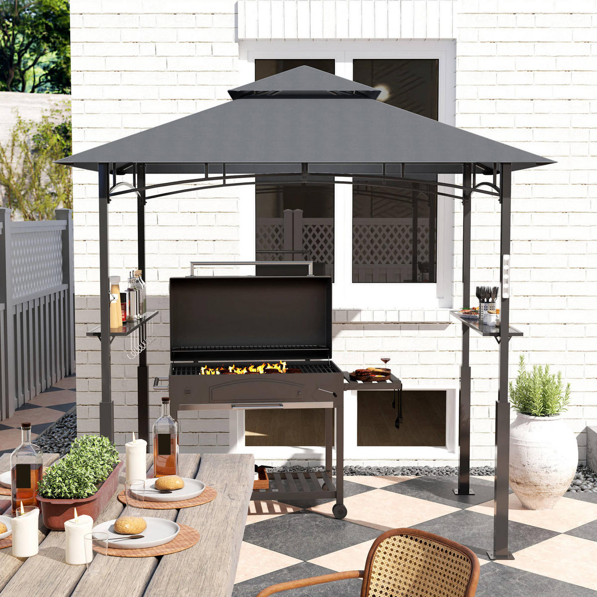 PERGOLA Grillpavillon 243/148/248 cm aus Metall mit Doppeldach und LED-Licht Dunkelgrau - Dunkelgrau, Metall (243/248/148cm) - Modenvie