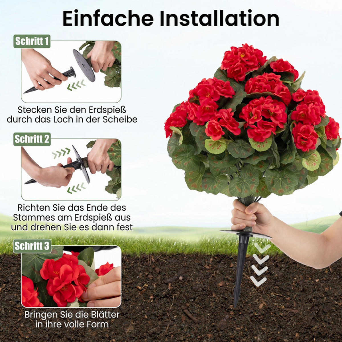KÜNSTLICHE GERANIEN hochrealistisch rot(2er-Set) - Rot, Kunststoff (57cm) - COSTWAY