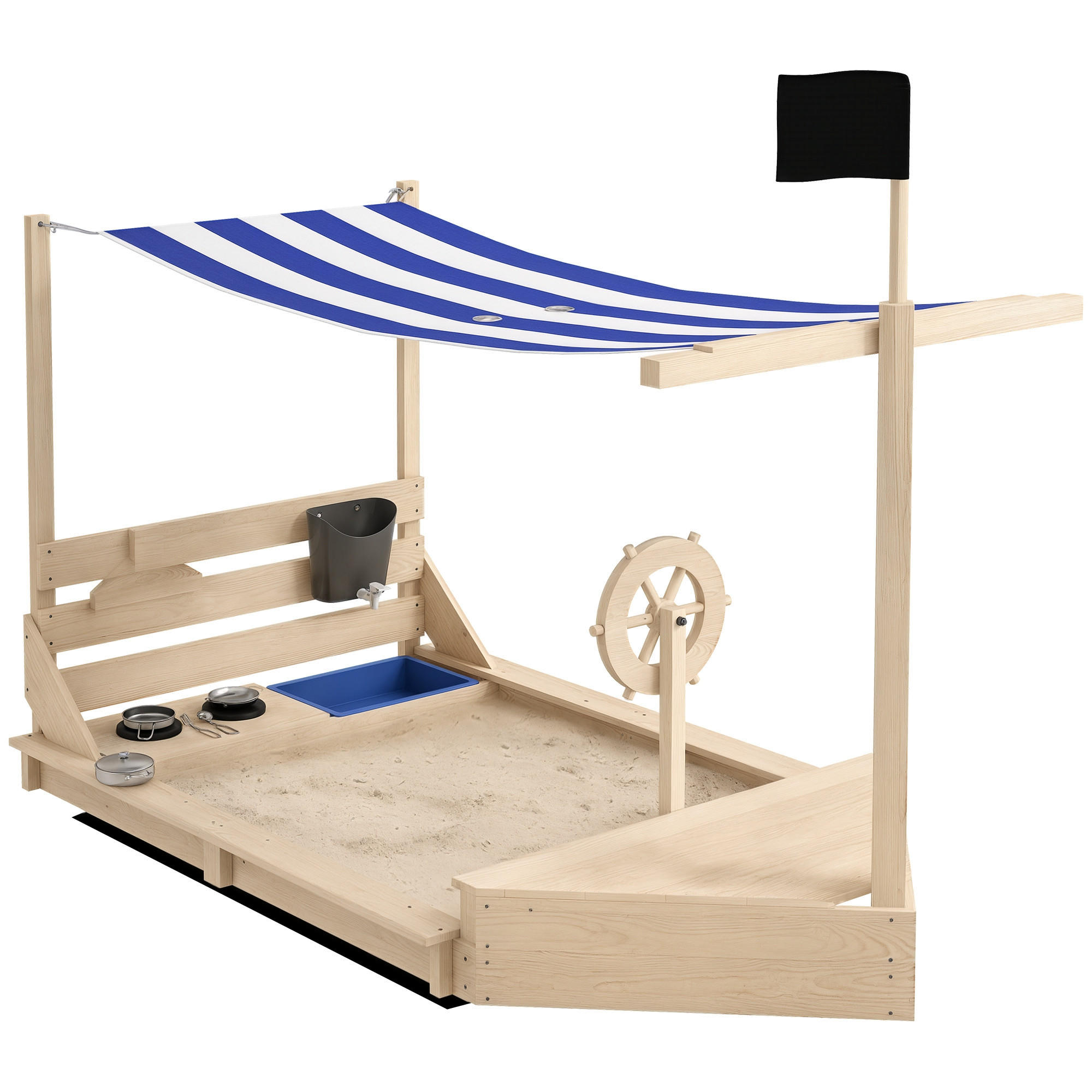 SANDKASTEN DE-18751 mit Küchenspiel & Piratenschiff-Design Naturholz - Naturfarben, Holzwerkstoff (180/103/144.5cm) - ComfortXL