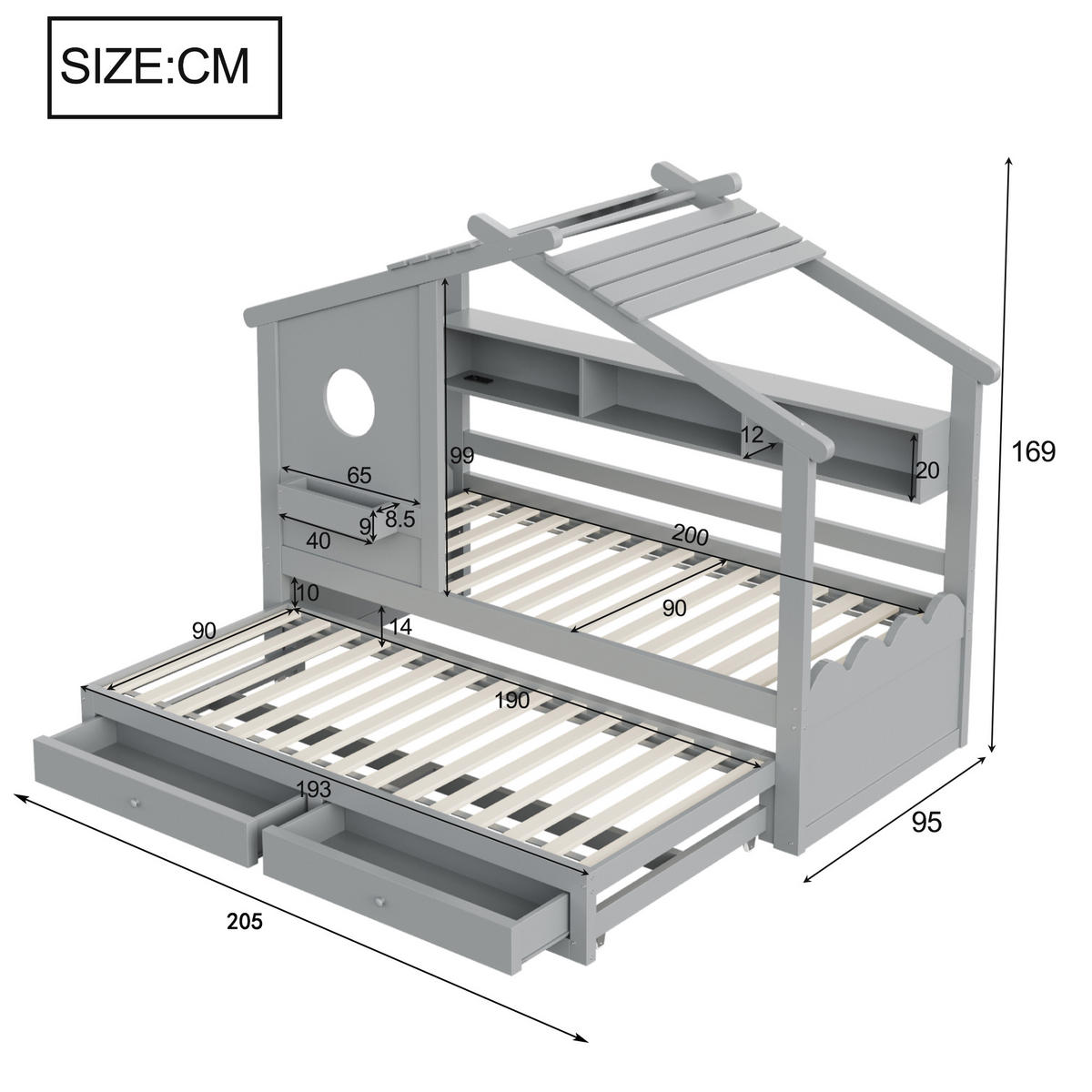 KINDERBETT 90/200 cm & 90/190 cm in Grau mit 2 Schubladen, LED und USB - Grau, Holz/Holzwerkstoff (90/200cm) - WISHDOR