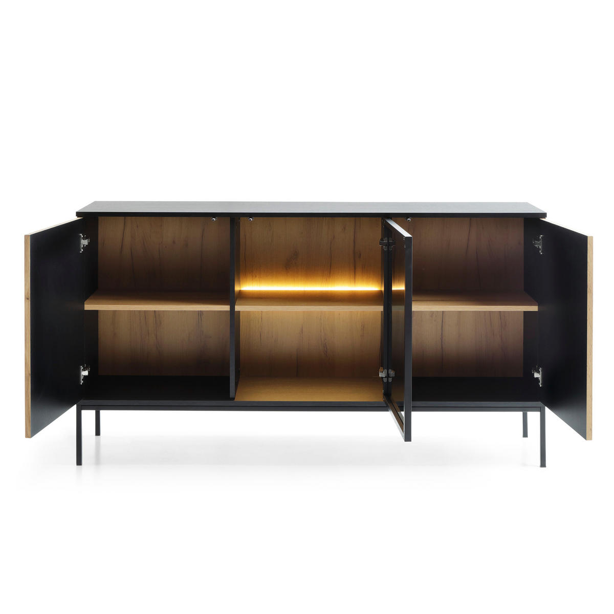 SIDEBOARD Laval K154 – Wotan-Eiche, Schwarz, mit Lamellen - Eichefarben/Eiche Wotan, Glas/Holzwerkstoff (154/83/39cm) - Komodee
