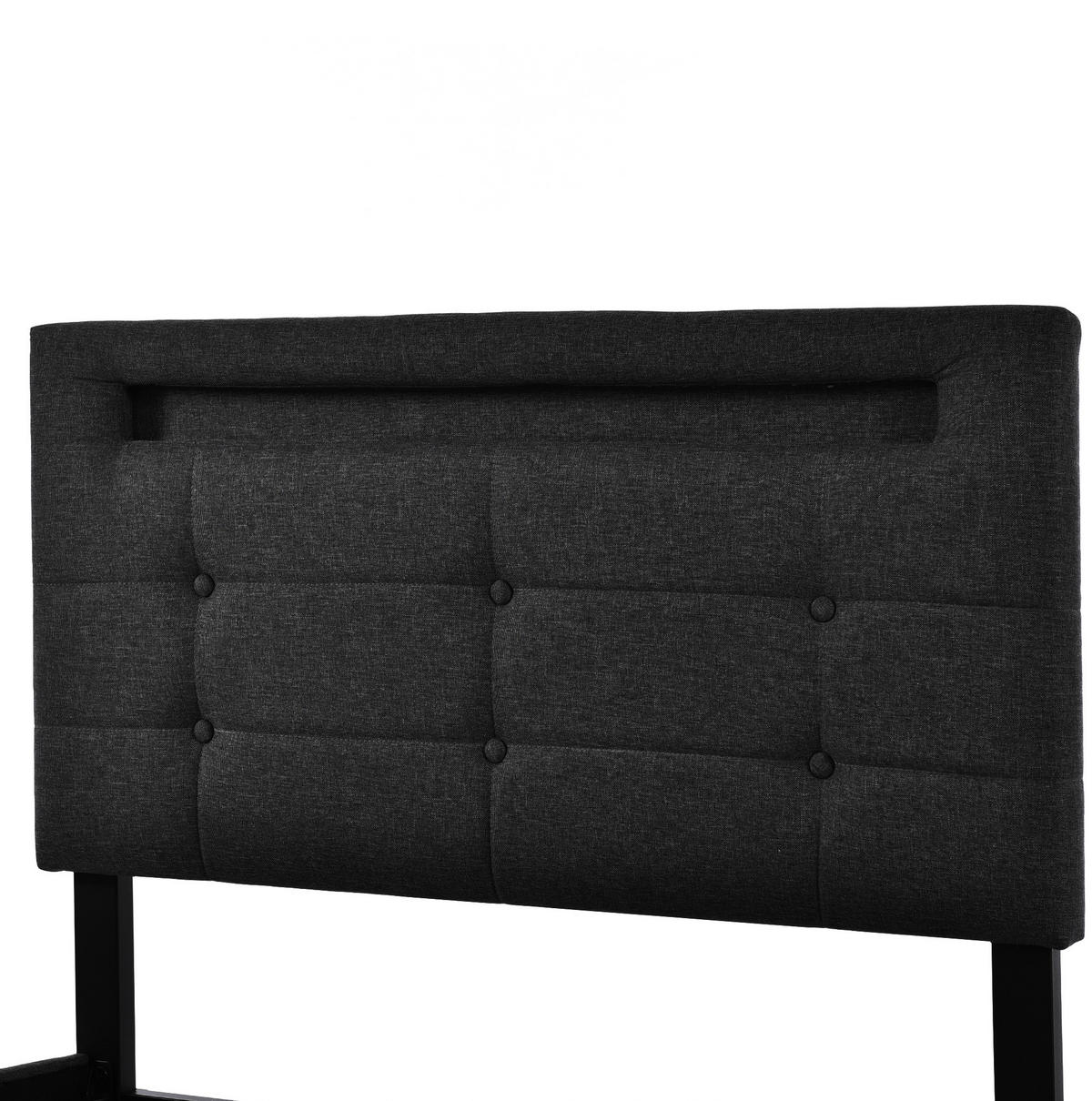 ČALÚNENÁ posteľ z ľanového materiálu 90x200 cm čierna s LED osvetlením, 2 zásuvkami a nastaviteľným čelom - čierna, textil (90/200cm) - Modfu