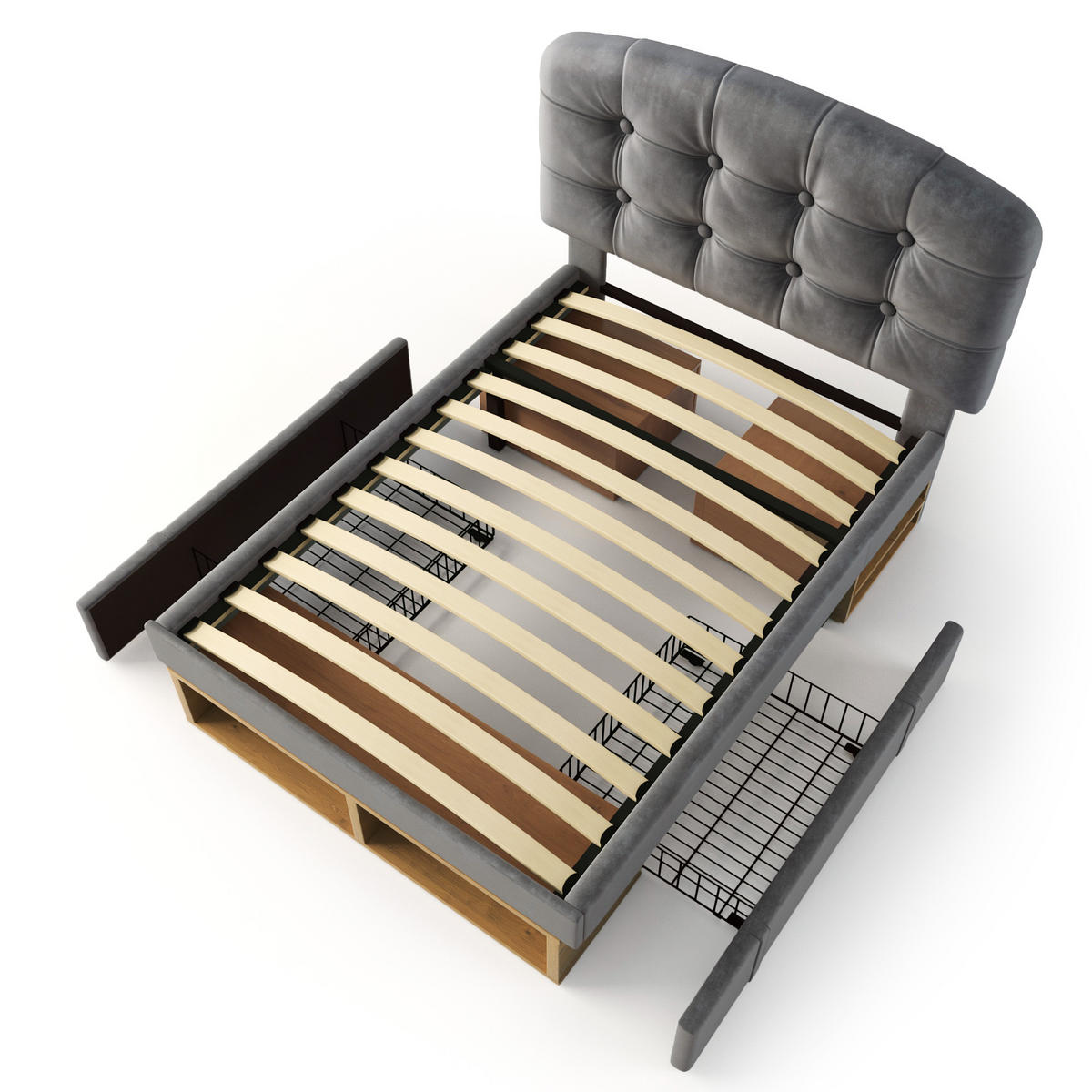 POLSTERBETT 90/200 cm in Grau Samt mit Schubladen, Regal und verstellbarem Kopfteil - Grau, Holzwerkstoff/Textil (90/200cm) - CHICFURN