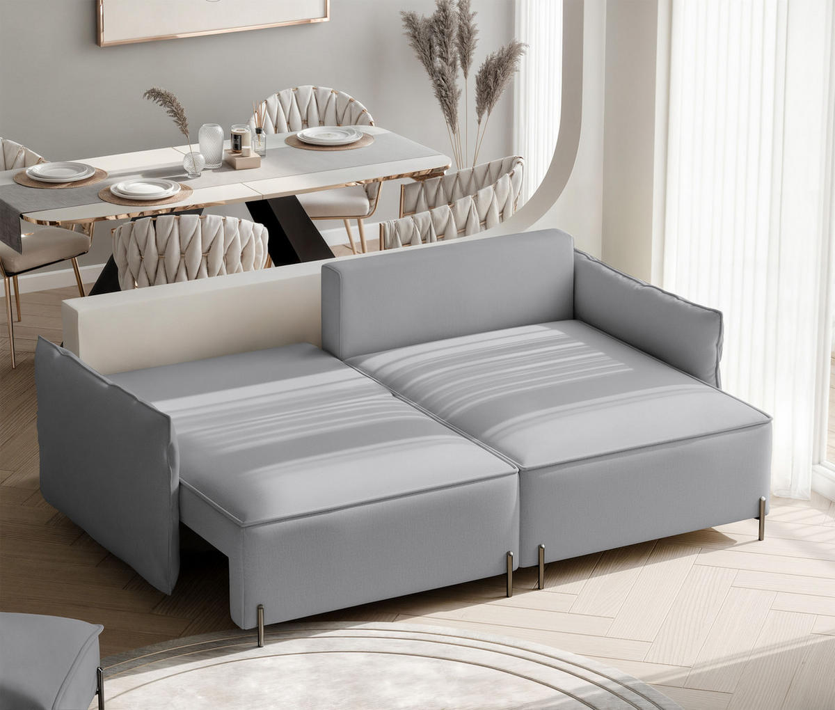 ECKSOFA MARCO Rechts, mit Schlaffunktion und Bettkasten, Grau - Grau, Textil/Metall (221/148cm) - Idohome