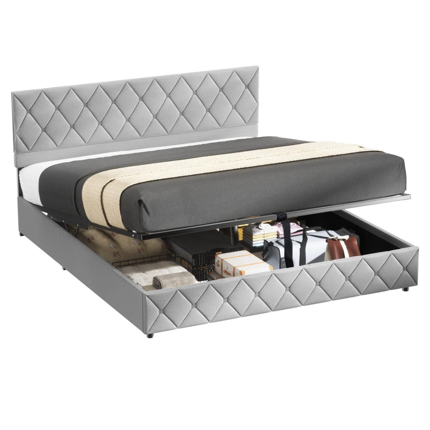 POLSTERBETT 180/200 cm Grau mit hydraulischem Stauraum aus Samt - Grau, Holzwerkstoff (180/200cm) - OKWISH