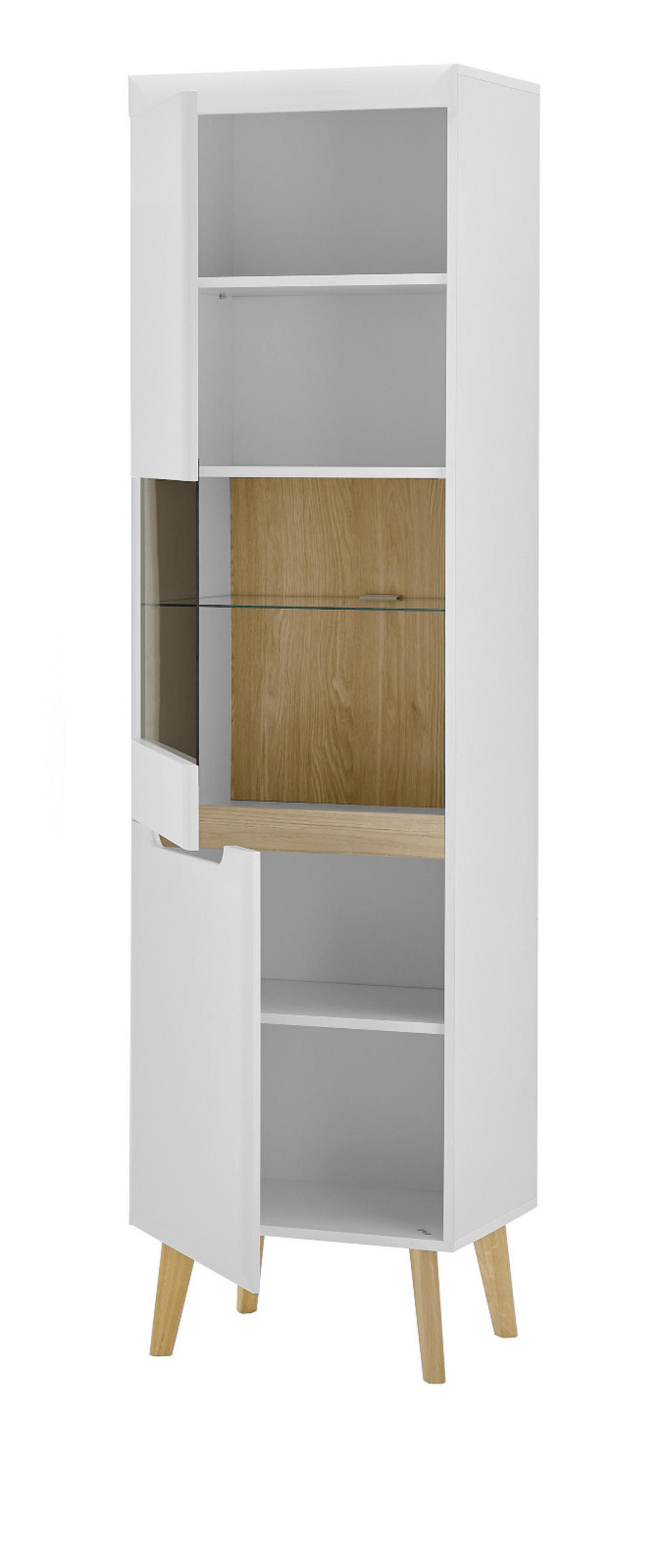 WOHNWAND 4-teilig weiß matt, Eiche, skandinavisch 360 cm, Schrankwand mit Soft-Close-Funktion - Eichefarben/Weiß, Glas/Eichenholz (360/197/40cm) - Furn.Design