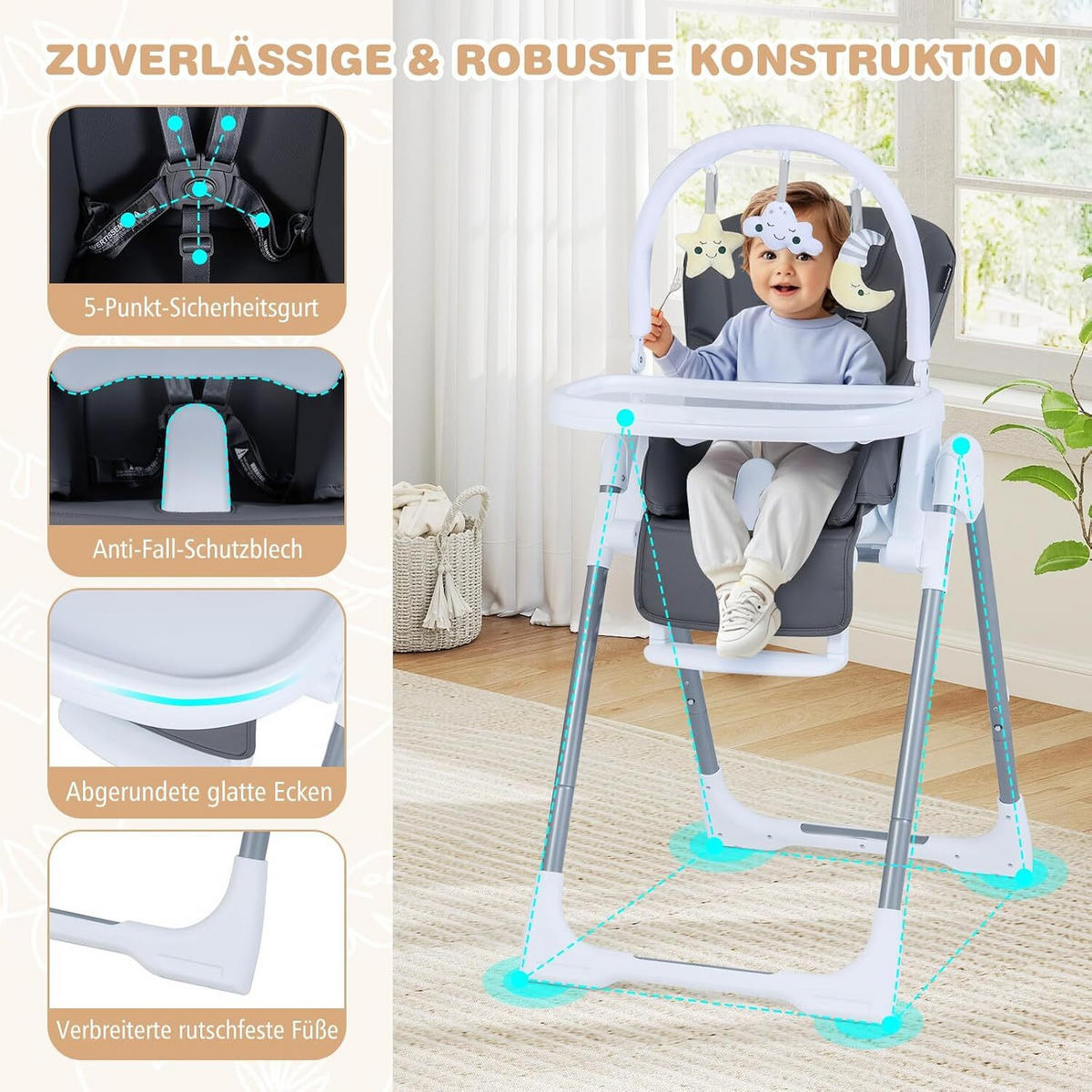 BABYSTUHL mit Spielbügel & Rollen dunkelgrau - Dunkelgrau, Metall (72/90.5/54cm) - COSTWAY