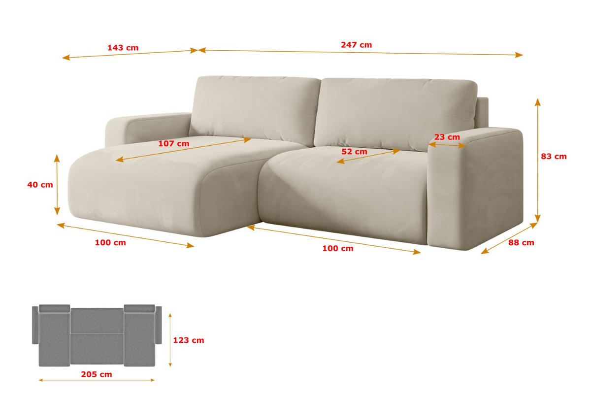 ECKSOFA mit Schlaffunktion und Bettkasten KLEEA-L - 247x143x83 cm Beige Velours - Beige/Schwarz, Holzwerkstoff/Kunststoff (247/143cm) - ALTDECOR