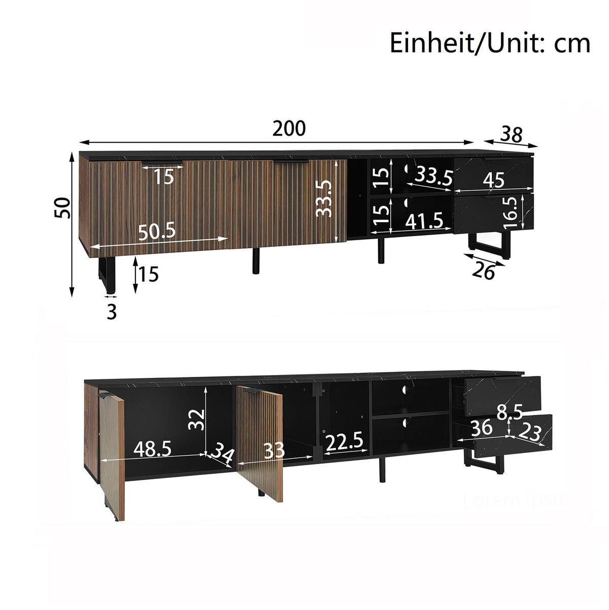 TV-LOWBOARD 200/38/50 cm mit 2 Schubladen, LED-Beleuchtung und 2 Türen - Schwarz, Holzwerkstoff (200/50/38cm) - BEAOK