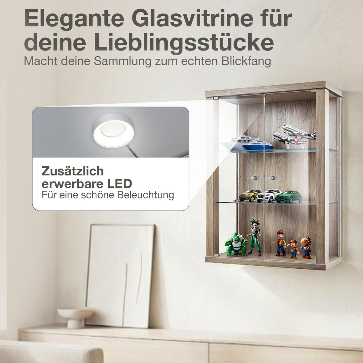 HÄNGEVITRINE 25/60/80 cm mit 2 höhenverstellbaren Glasböden - Transparent/Silberfarben, Glas/Holzwerkstoff (60/80/25cm) - K-Möbel