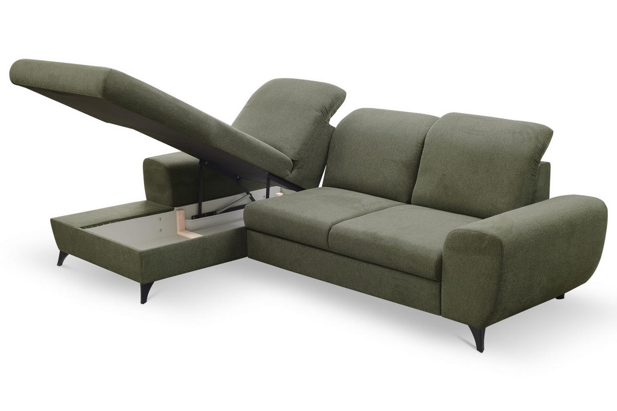 ECKSOFA LUCE L-S Olivgrün Plüsch-Stoff mit Schlaffunktion - Olivgrün, Holz (279/172cm) - MASSENO