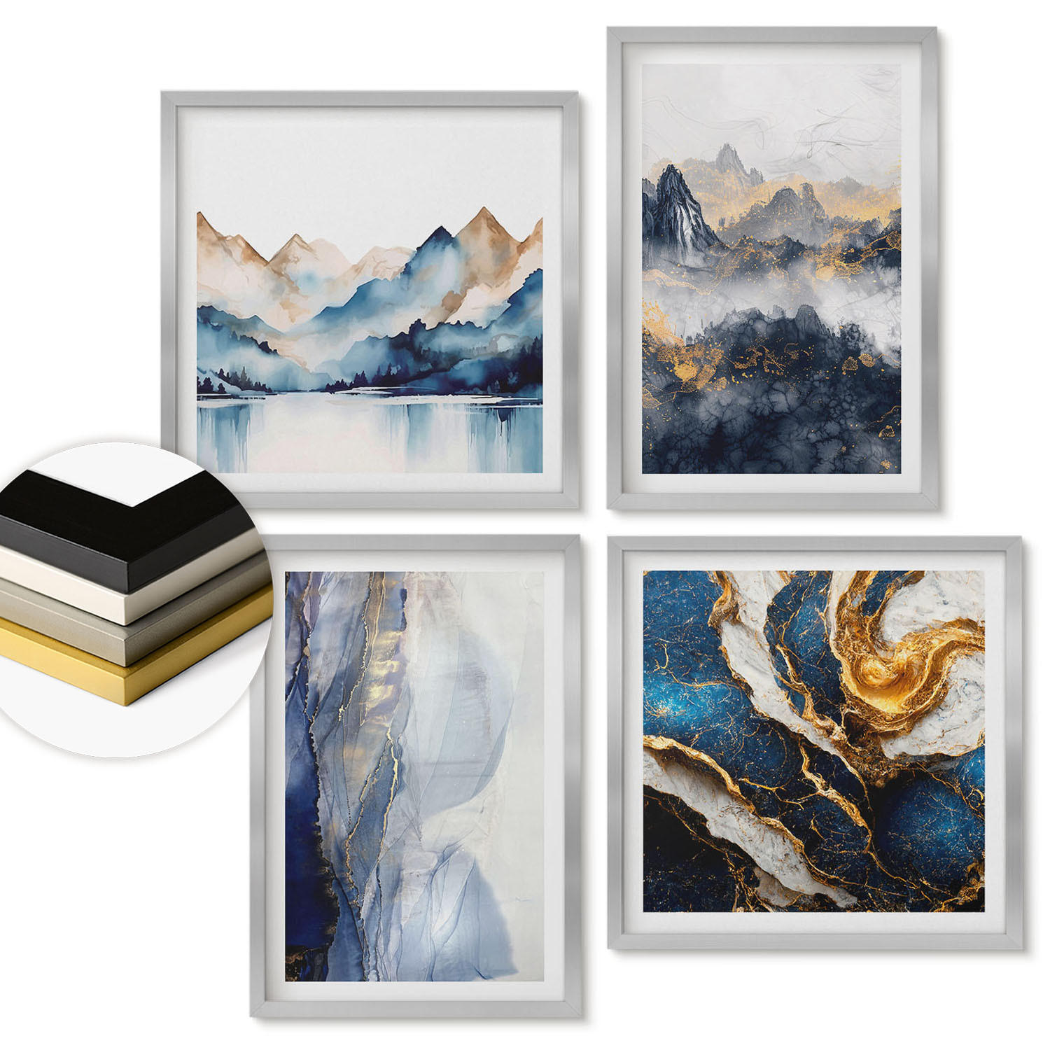 WANDBILDER 4er Set - 50x50 cm & 40x60 cm Silberner Rahmen - Blaue Berglandschaften - Silberfarben, Kunststoff (50/50cm) - ArtPrintCave