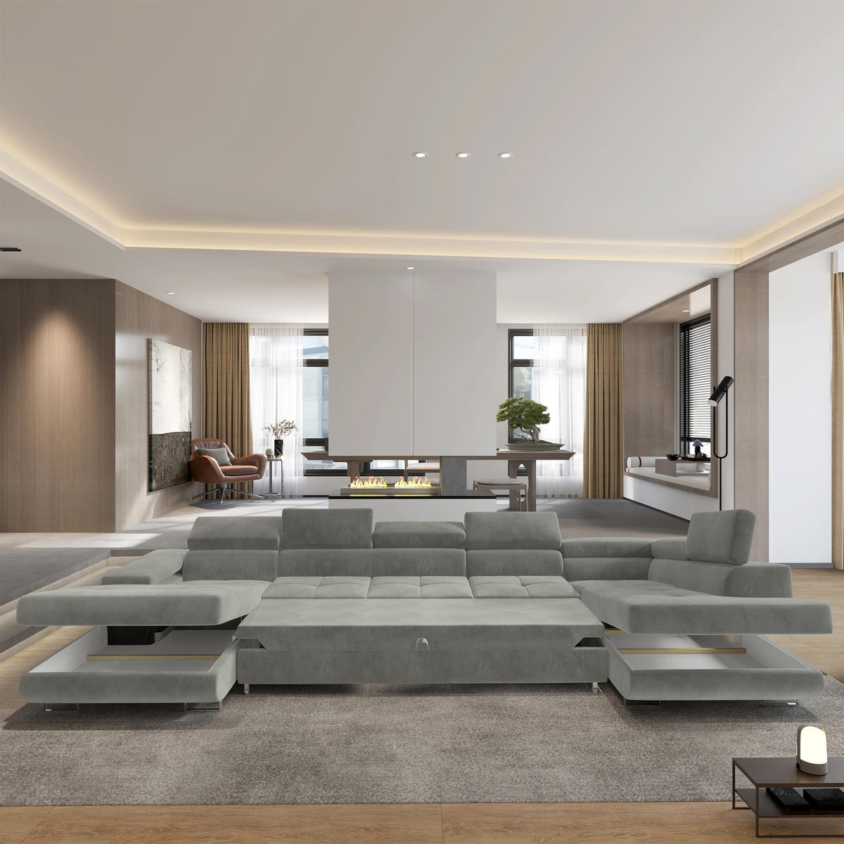 WOHNLANDSCHAFT TORIVA R-S Hellgrau Velours-Stoff mit Schlaffunktion - Hellgrau, Holz (418/90/202cm) - MASSENO