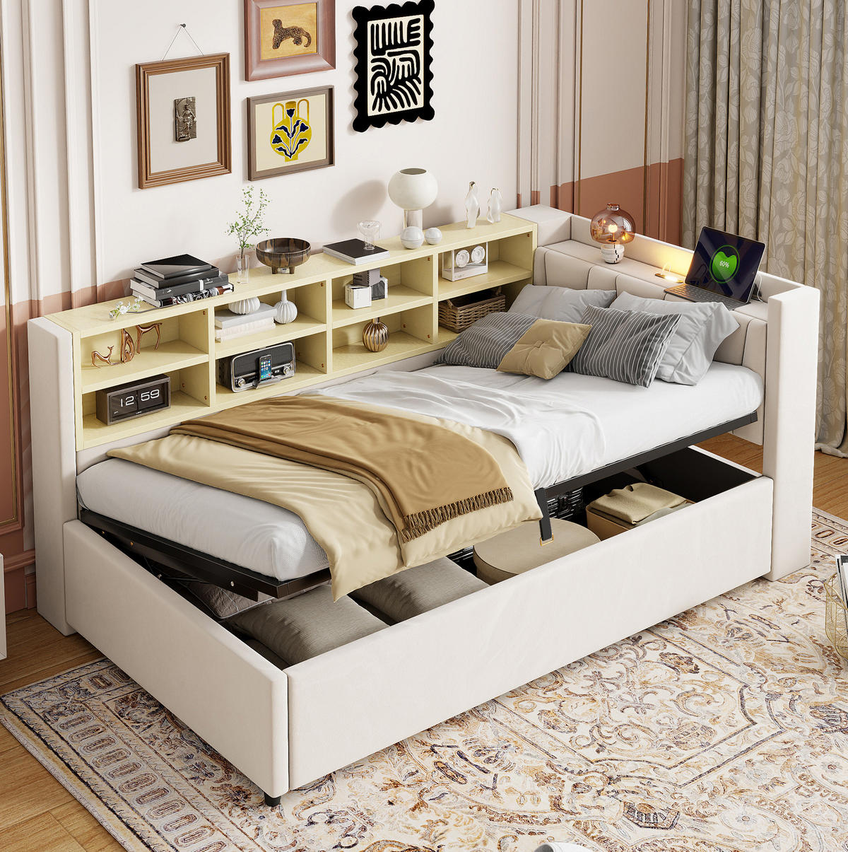 POLSTERBETT 90/200 cm Beige aus Samt mit Stauraum und Ladeanschlüssen - Beige, Textil (90/200cm) - OKMYHOME
