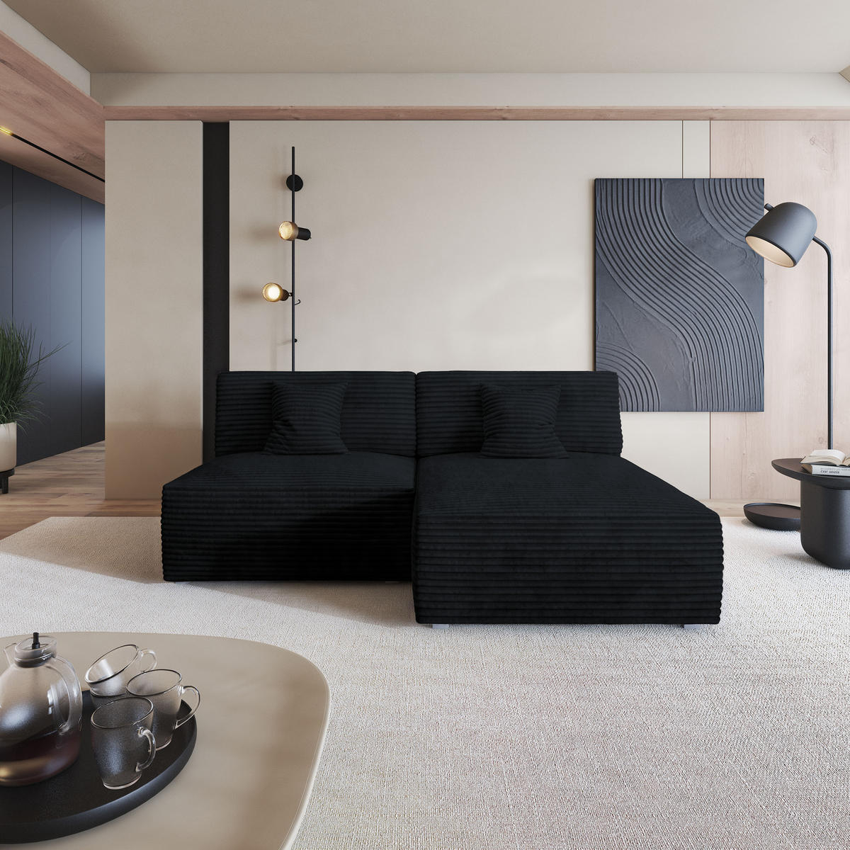 ROHOVÁ SEDAČKA FIORO černá - šedá/černá, dřevo/textil (204/148cm) - MASSENO