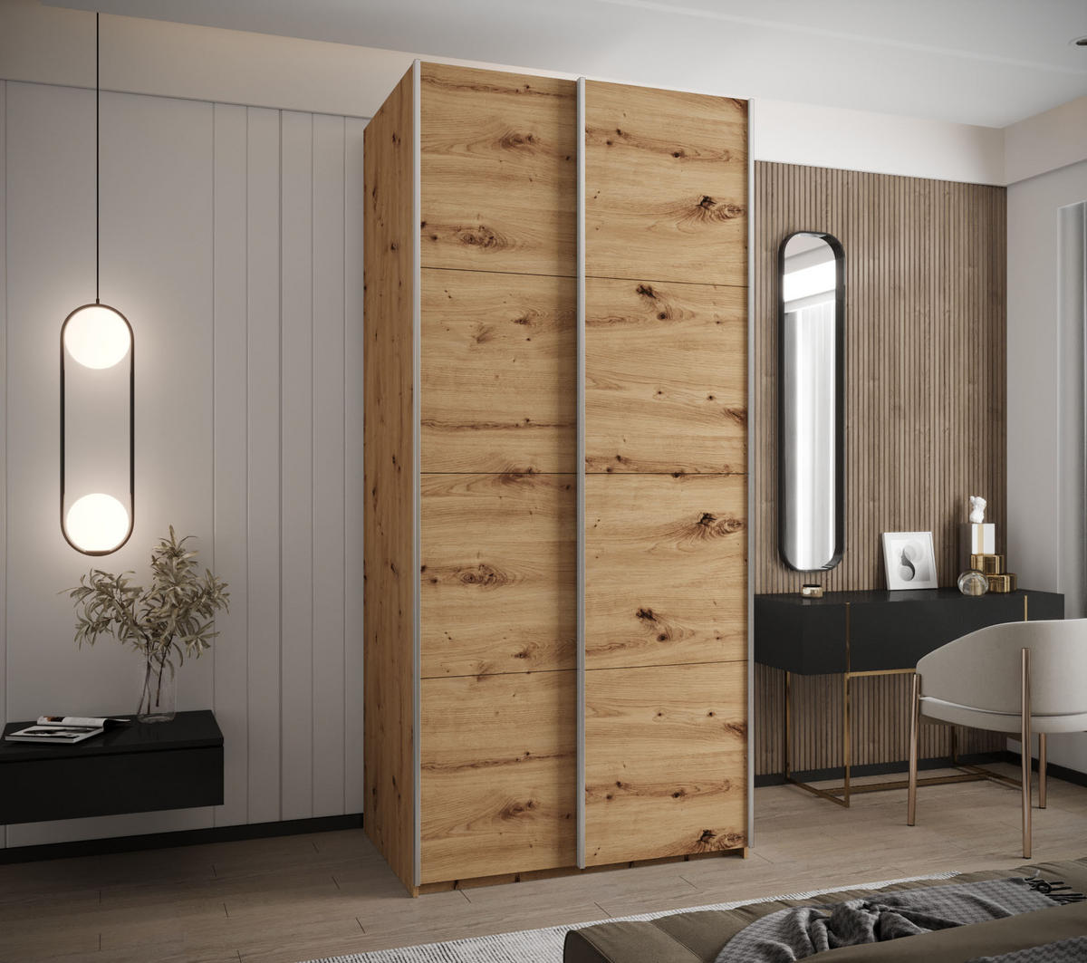 SCHWEBETÜRENSCHRANK 245,5/100/64 2-türig - Silberfarben/Eiche Artisan, Holz/Metall (100/245/64cm) - Abiks Möbel