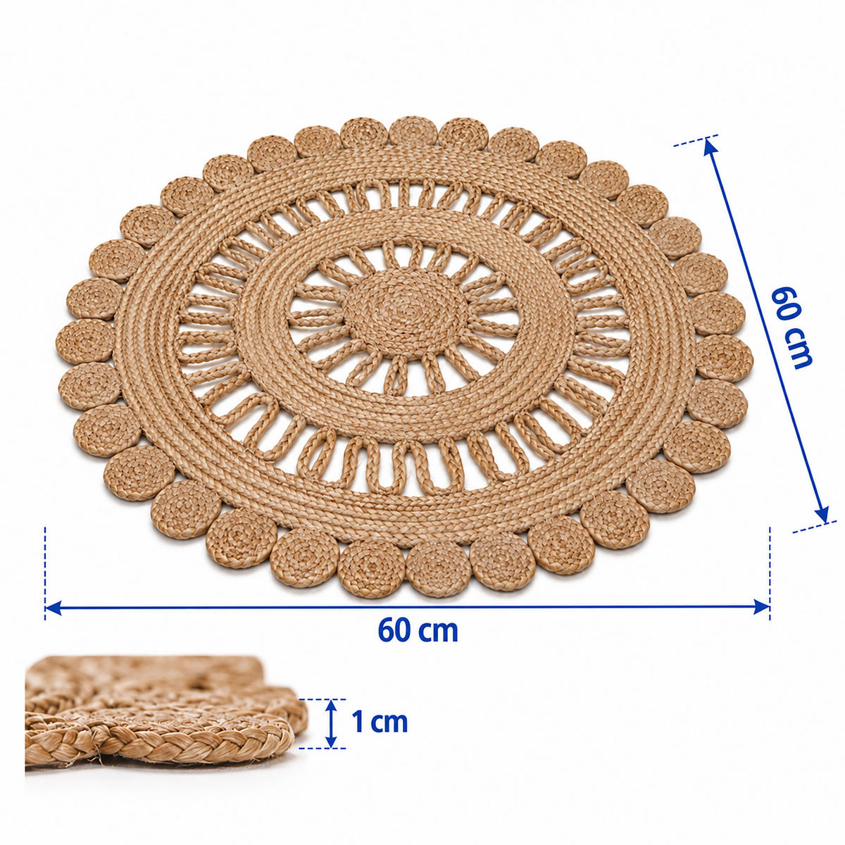 TEPIH prirodna okrugli juta ručno tkan 60 cm - boje pijeska, tekstil (60/60cm) - Relaxdays