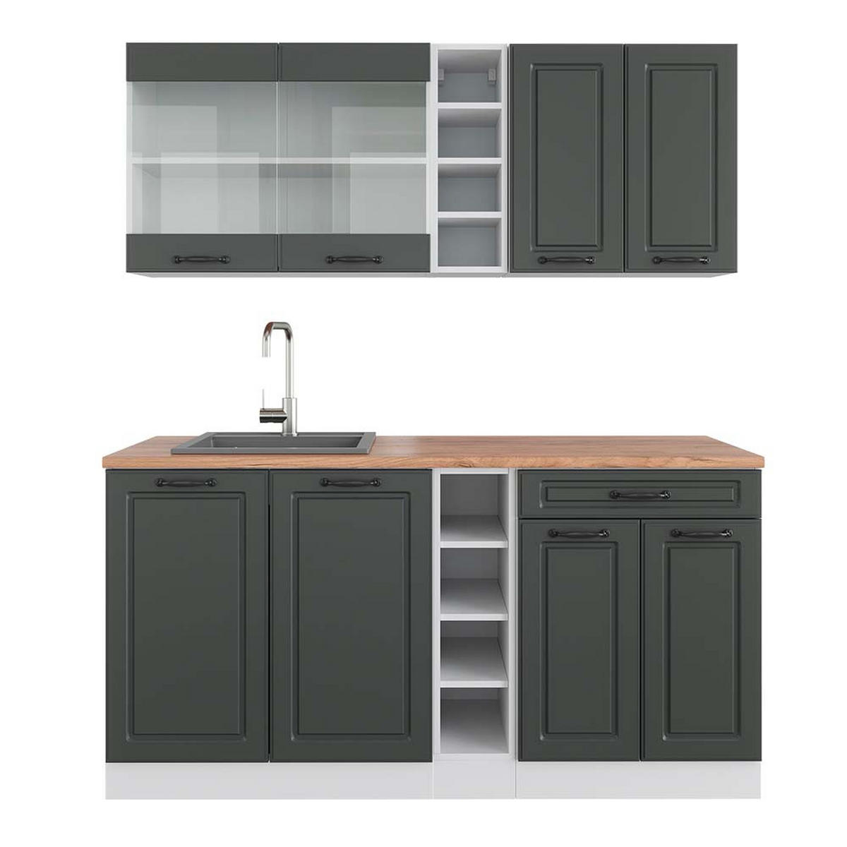 SINGLEKÜCHE R-Line Anthrazit Landhaus/Weiß 160 cm, AP Eiche - Anthrazit/Weiß, Holzwerkstoff (160/81.6/60cm) - Vicco