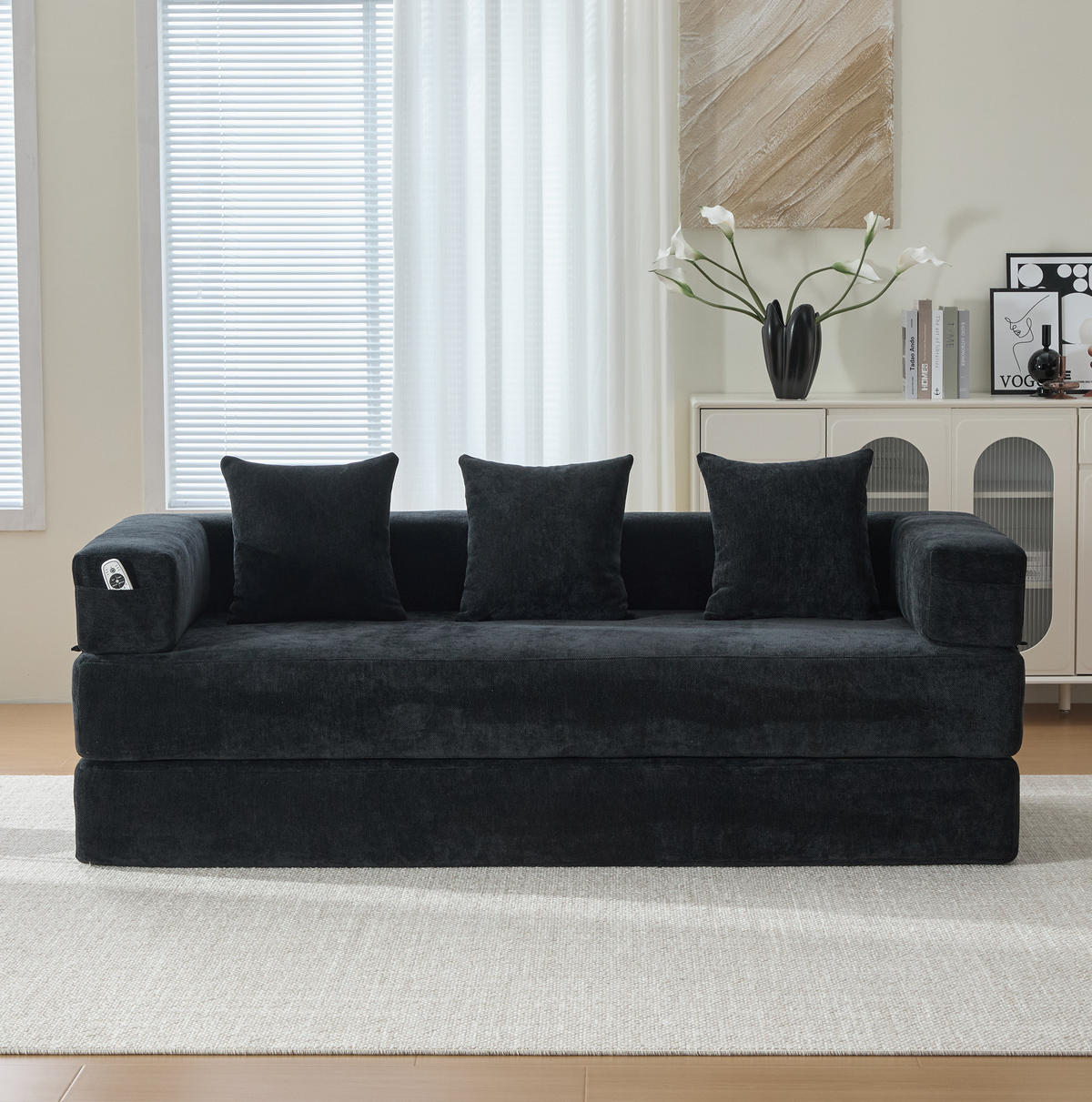 SOFA modular 198 x 79 cm Chenille Black - Schwarz, Kunststoff (31.1/23.62/77.95cm) - Meubliv