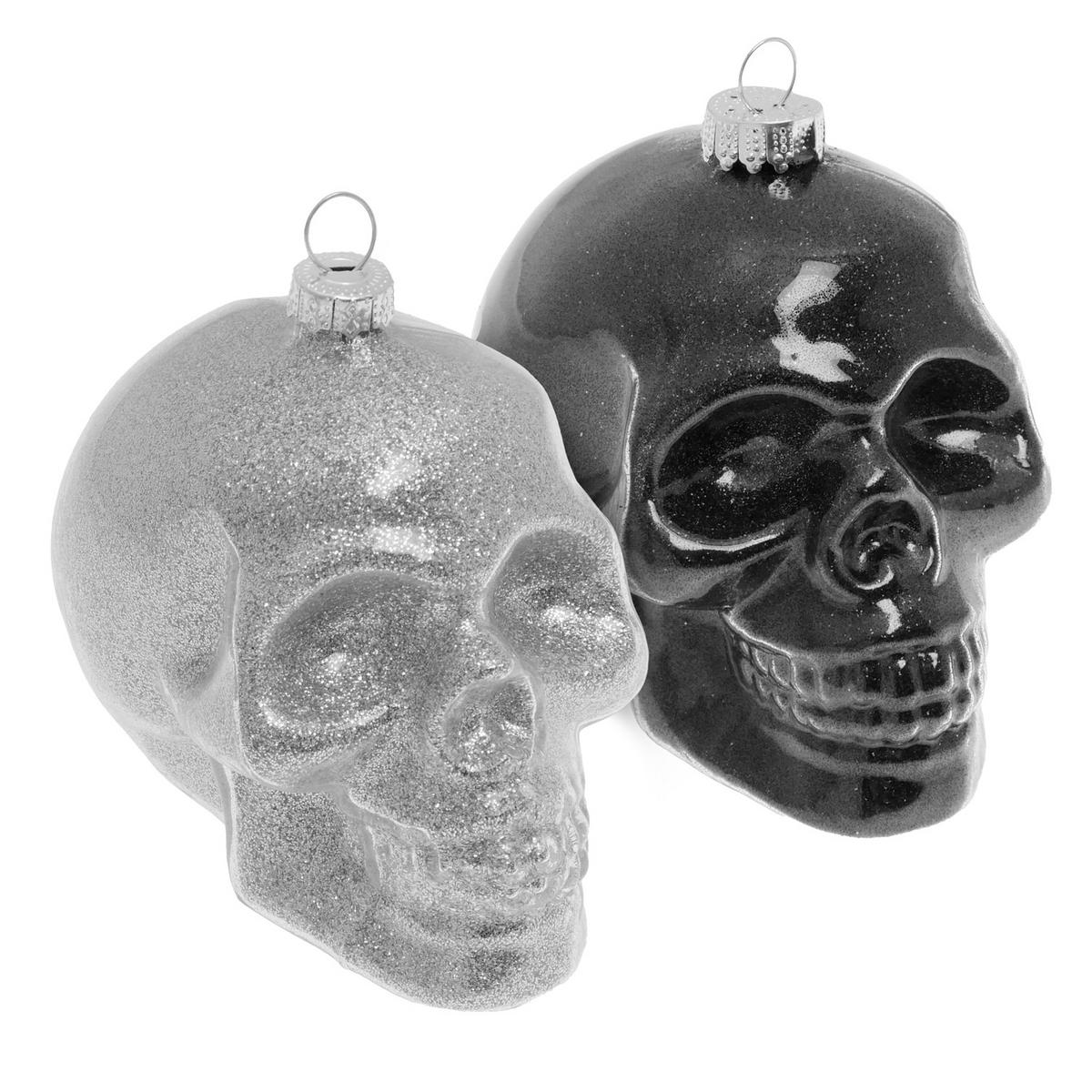 CHRISTBAUMSCHMUCK Totenkopf-Set Schwarz 9cm (Glas / 2 Stk.) - Schwarz, Glas (7/9/8cm) - Krebs Glas Lauscha