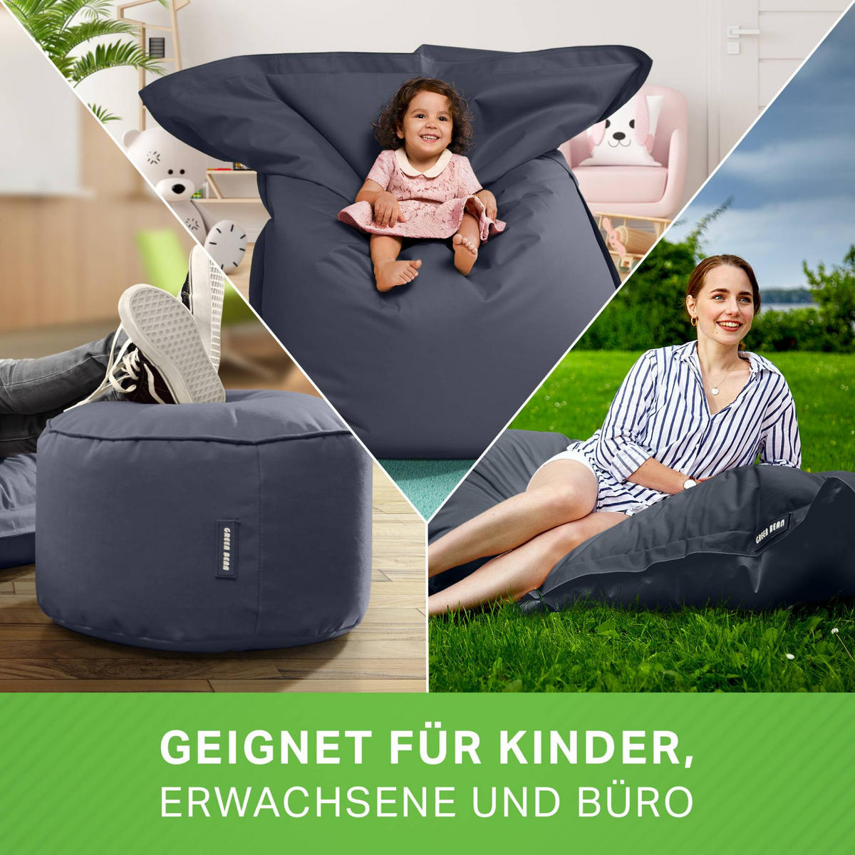 XXL-SITZSACK + Pouf 2er Set - 140x180cm - Dunkelgrau, Textil (140/25/180cm) - Green Bean
