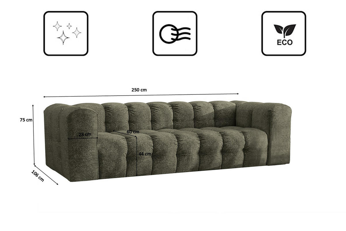 SOFA 4-Sitzer, Komfort, BALOO, Stoff Schenille & Bouclé, Grün - Grün, Holz (250/75/106cm) - Kaiser Möbel