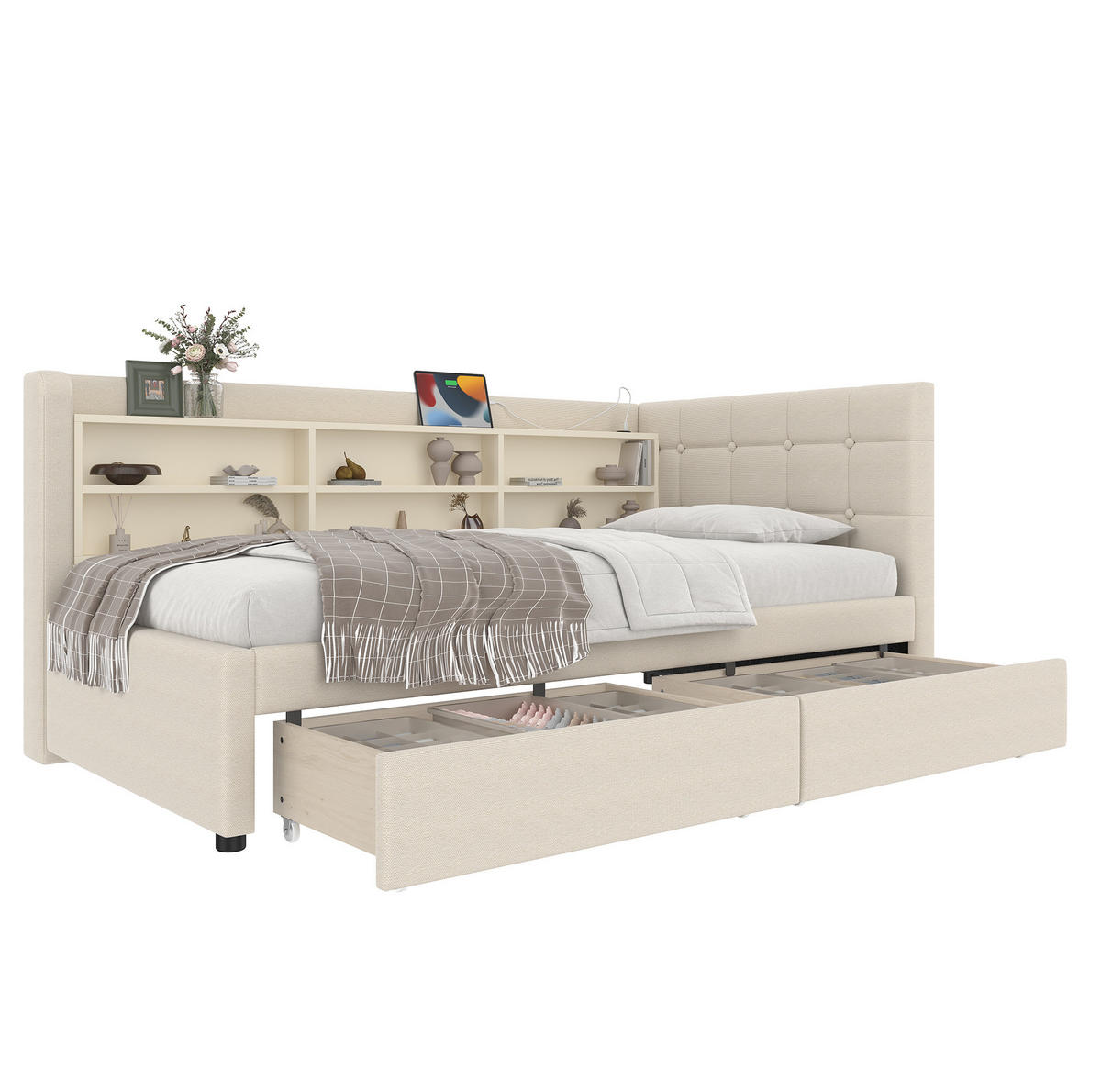 POLSTERBETT 90/200 cm mit Schubladen, USB-C und gepolstertem Kopfteil in Beige - Beige, Textil (90/200cm) - BEAOK
