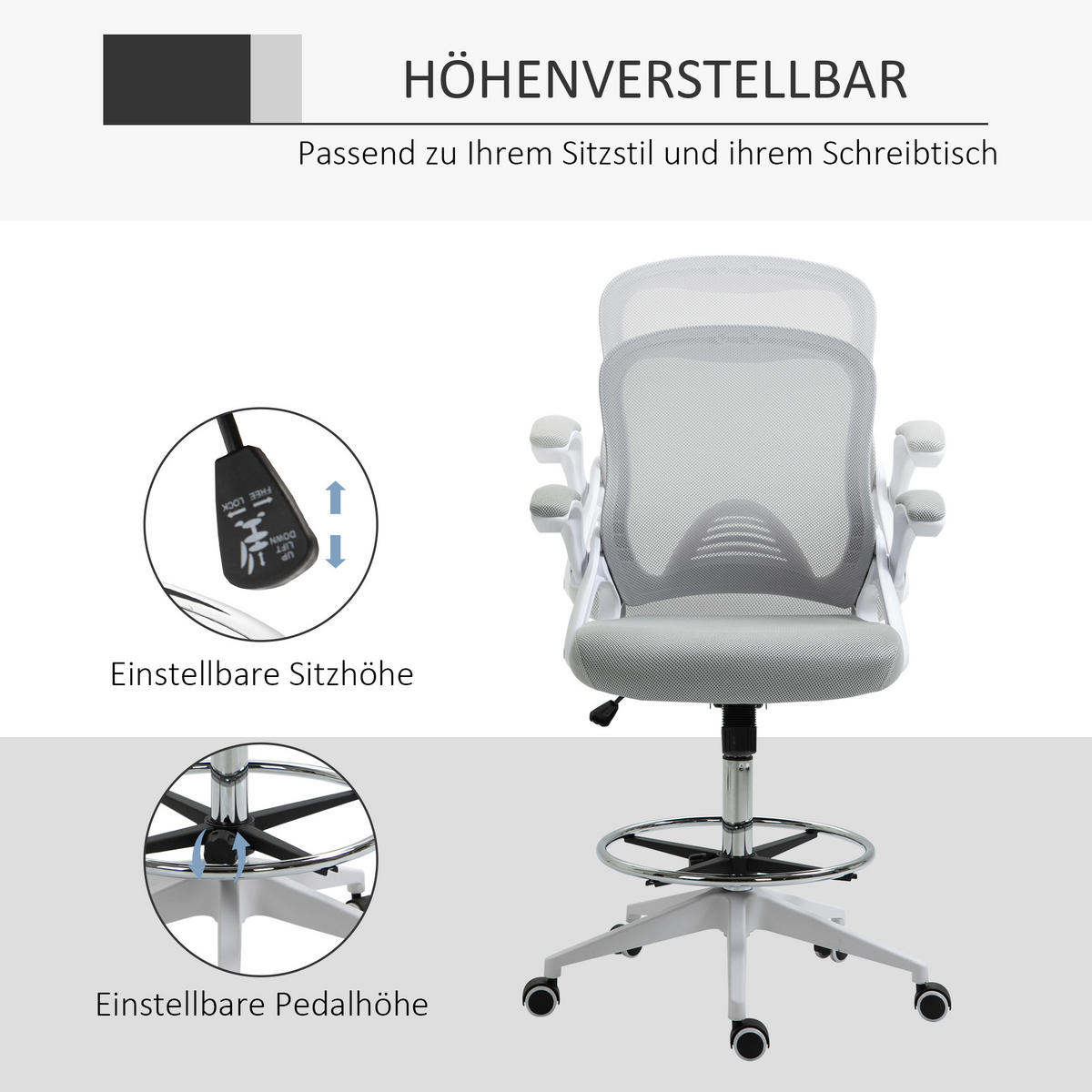 BÜROSTUHL Ergonomischer Schreibtischstuhl Hellgrau - Hellgrau, Kunststoff (64/126/60cm) - Vinsetto