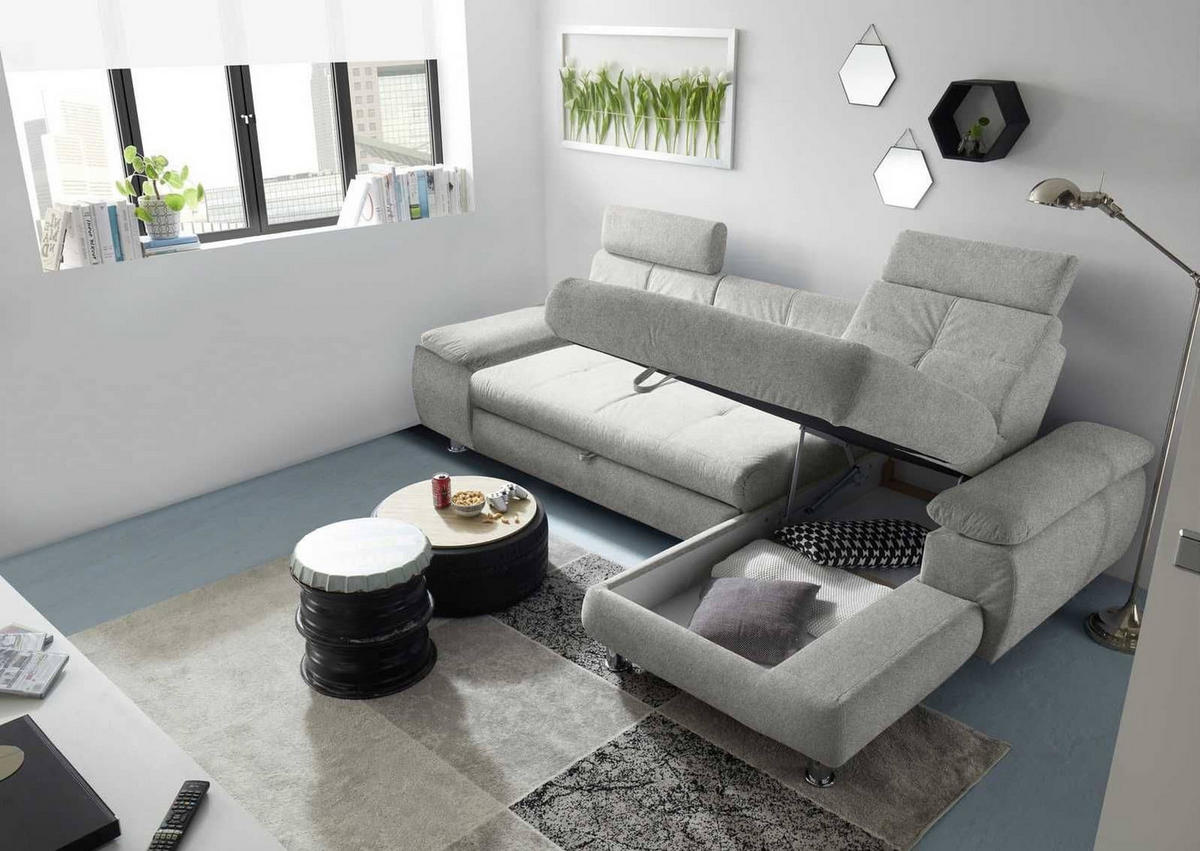 ECKSOFA mit Schlaffunktion und Bettkasten, Brego-Stoff - Chromfarben/Grau, Textil/Metall (177/274cm) - ed exciting design
