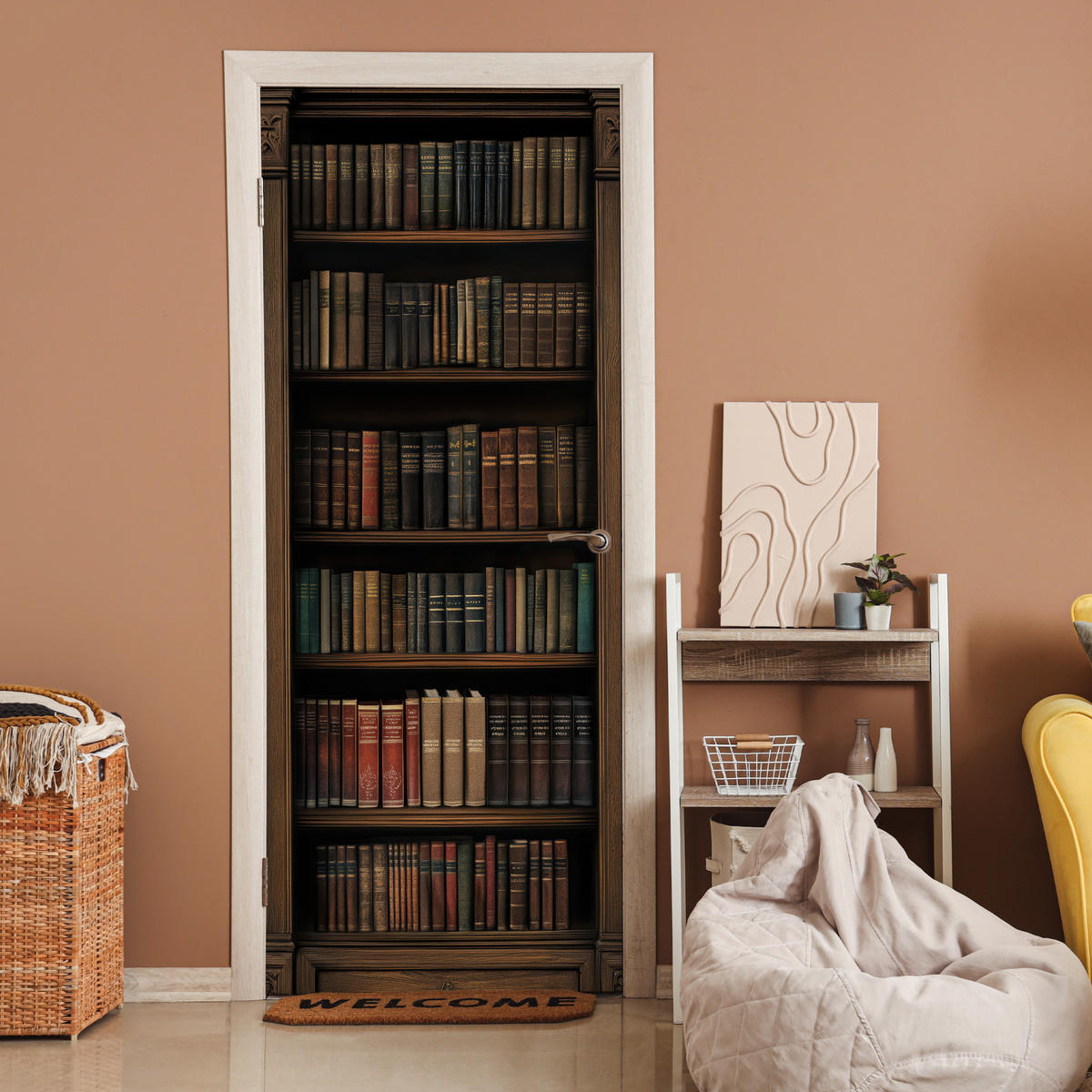 TÜRAUFKLEBER Bücherregal - Vintage - Braun 85x215 cm - Türtapete - Nussbaumfarben, Kunststoff (85/0.1cm) - MuchoWow