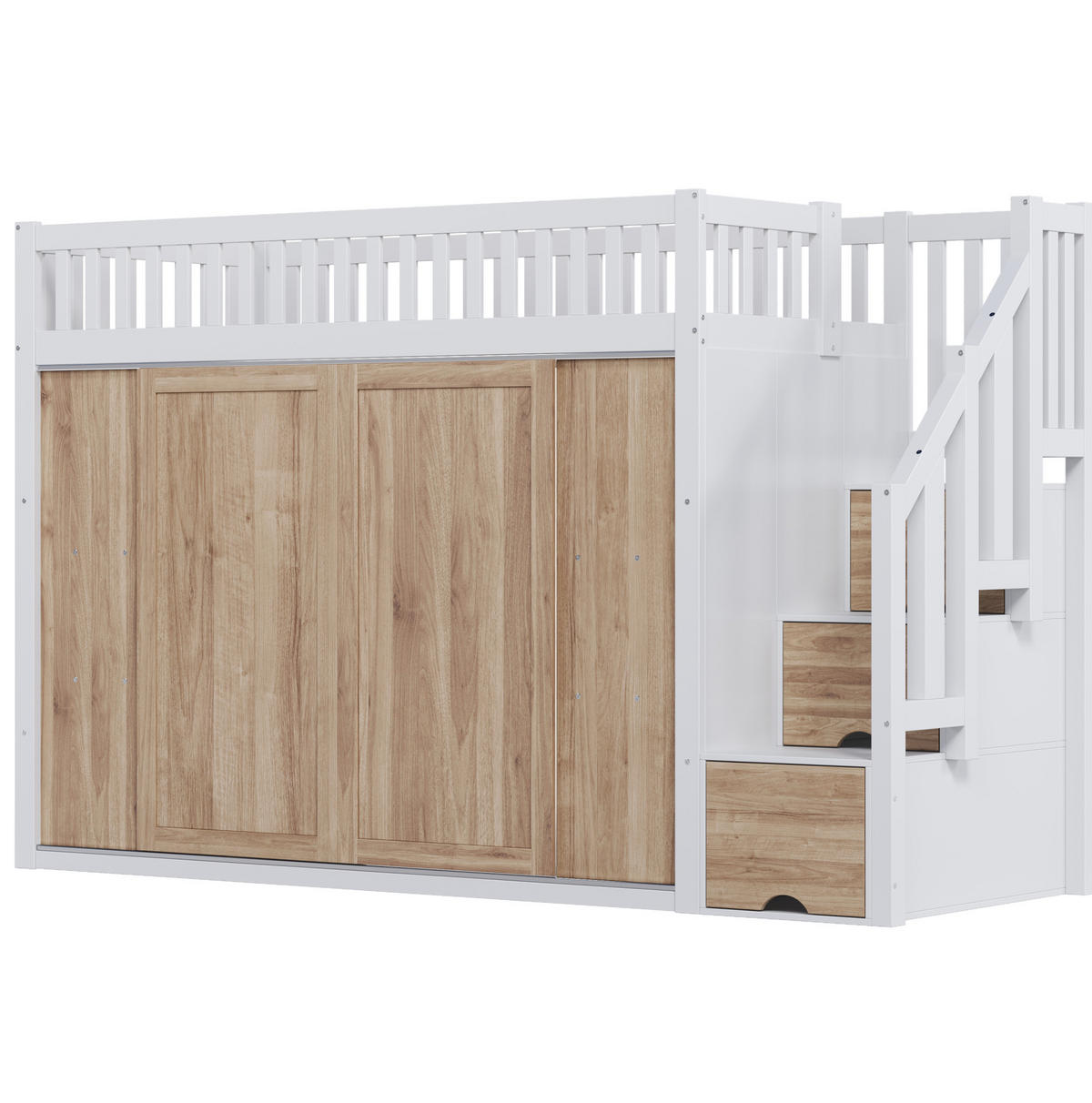 HOCHBETT 90/200 cm mit Kleiderschrank, Treppenschrank und App-gesteuerter LED-Lichtleiste, Weiß/Eichefarben - Weiß, Holzwerkstoff (90/200cm) - Redom