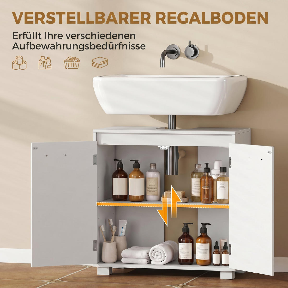 WASCHBECKENUNTERSCHRANK MDF Weiß - Silberfarben/Weiß, Holzwerkstoff/Metall (30/60/60cm) - HOMCOM