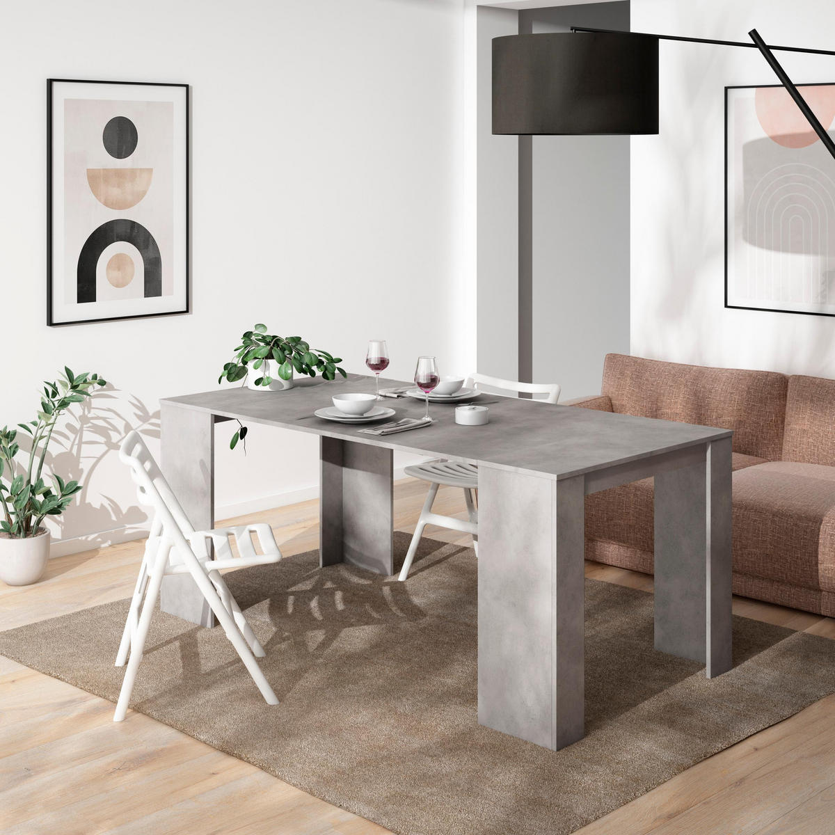 KONSOLENTISCH ausziehbar 58 bis 180cm, für 8 Gäste, zementgrau, 90/58/77cm - Grau, Holzwerkstoff (90/180/77cm) - Skraut Home