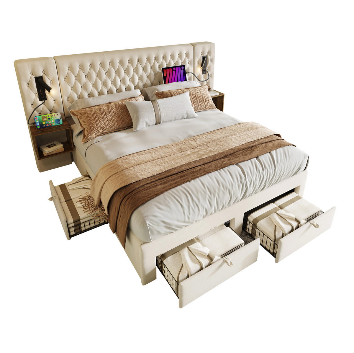 BETTANLAGE mit 2 Nachttischen 160x200 cm Samt Beige - Beige, Metall (160/200cm) - Meubliv