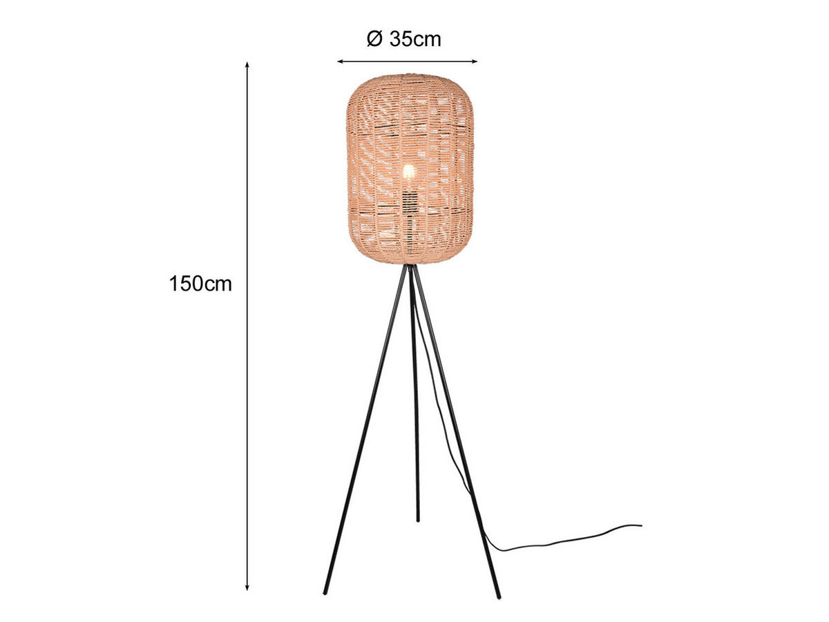 LED-STEHLEUCHTE Tripod Höhe 150cm, Lampenschirm Korbgeflecht - Schwarz/Naturfarben, Naturmaterialien/Metall (35/35/150cm) - meineWunschleuchte
