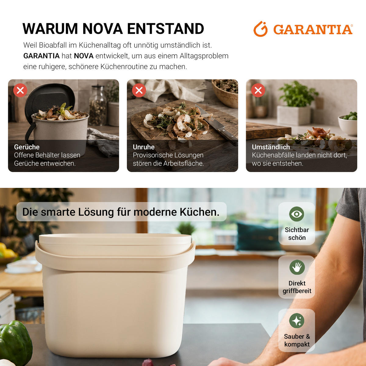 BIOMÜLLEIMER 8 L, sandbeige - Beige, Kunststoff (16/25/31cm) - GARANTIA