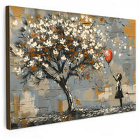 LEINWANDBILD Baum - Graffiti - Banksy-Stil - Ballon-Mädchen Groß 140x90 cm - Blaugrau, Textil (140/90cm) - MuchoWow