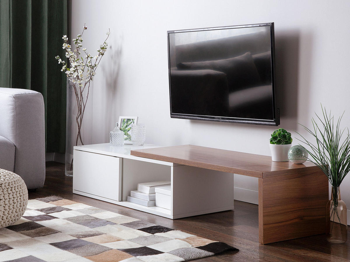 TV-MÖBEL Weiß, Dunkelbraun YONKERS 40/110-159/32 cm - Weiß, Holzwerkstoff (110/32/40cm) - Beliani
