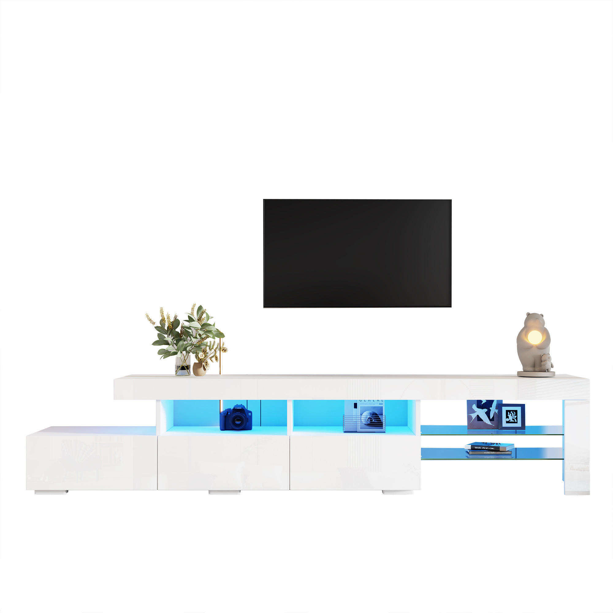 LOWBOARD in Weiß mit LED-Beleuchtung und Schubladen für Wohnzimmer, B180/T35/H45 cm - Weiß, Glas/Holzwerkstoff (180/45/35cm) - STILVORA