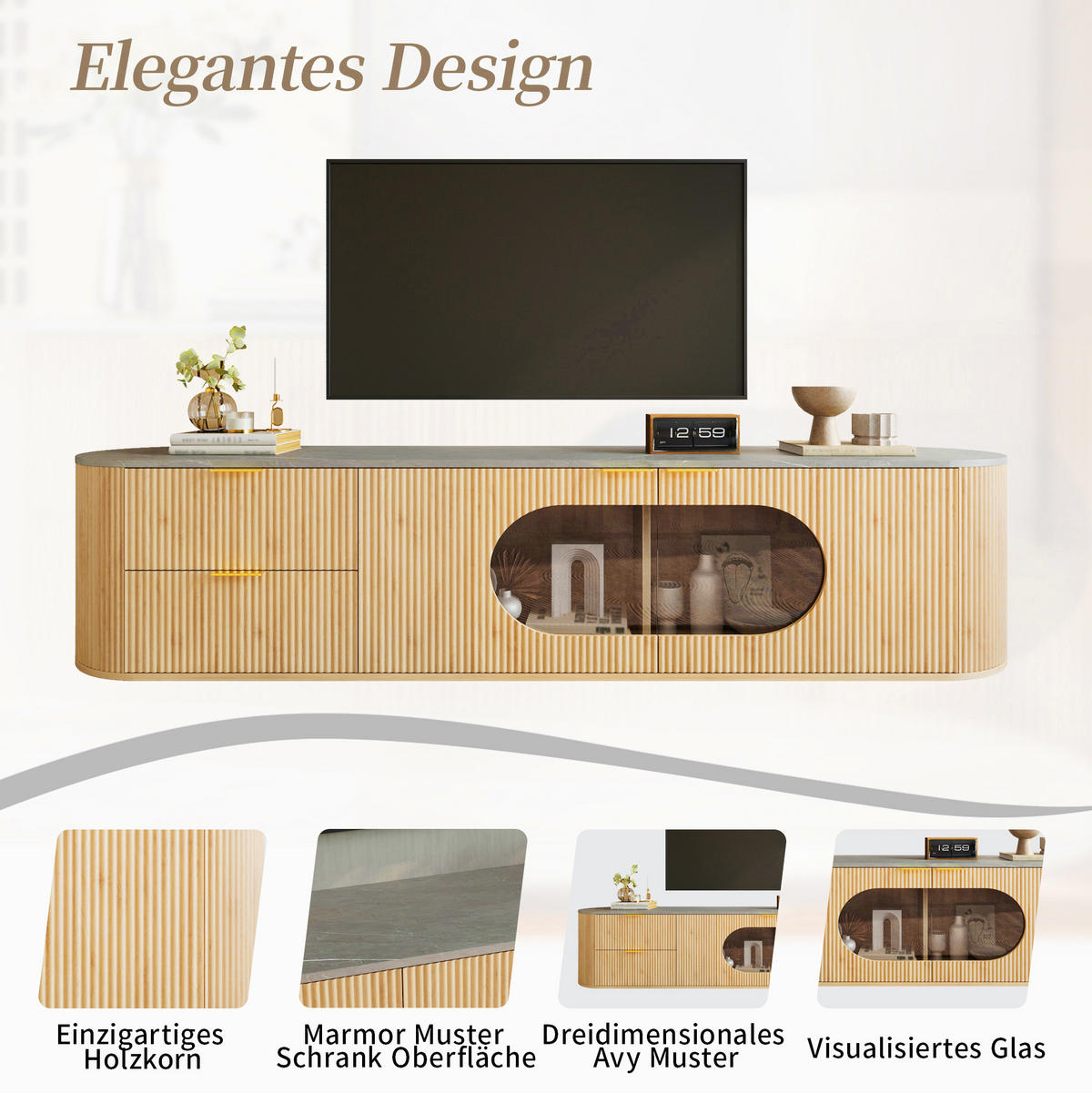 TV-SCHRANK aus MDF und Glas 172x38x45,5 cm Natur mit Stauraum, ovaler Glasvitrine und 3D-Türfronten - Hellbraun, Holzwerkstoff (172/45.5/38cm) - Modfu
