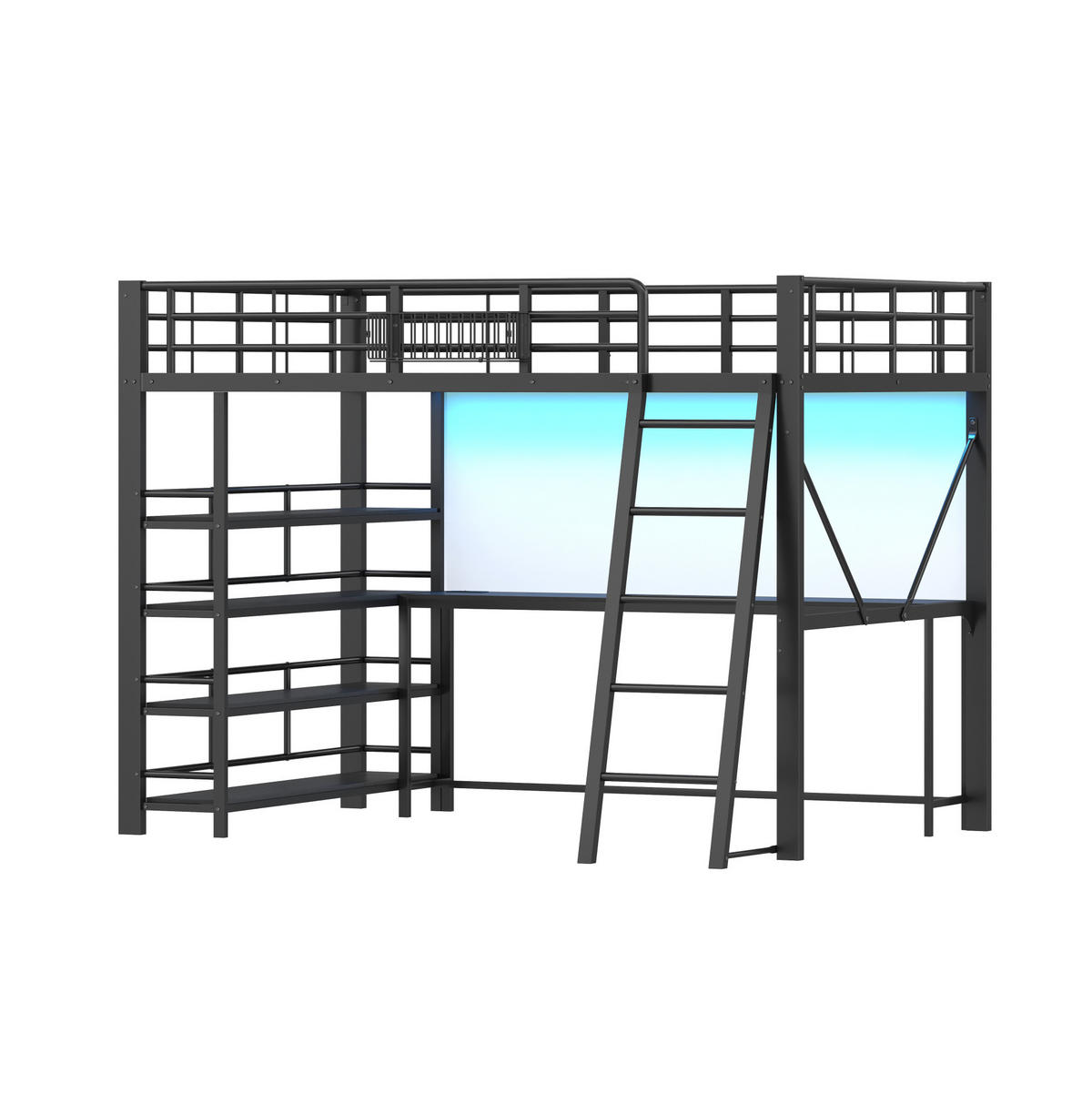 HOCHBETT aus Metall und MDF 140x200 cm Schwarz mit Schreibtisch, LED-Beleuchtung und Stauraum - Schwarz, Holzwerkstoff (140/200cm) - IVMEU