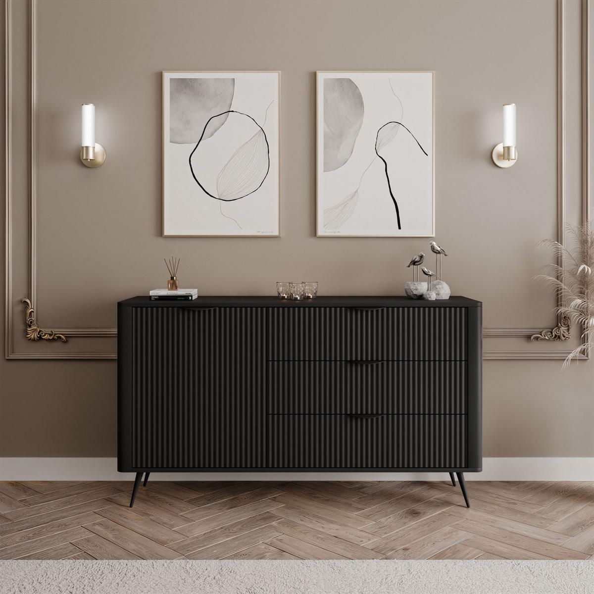 SIDEBOARDS SCARLETT 138 1D3S MIT SCHUBLADEN SCHWARZ - Schwarz, Holzwerkstoff (138/81/38cm) - Lookway