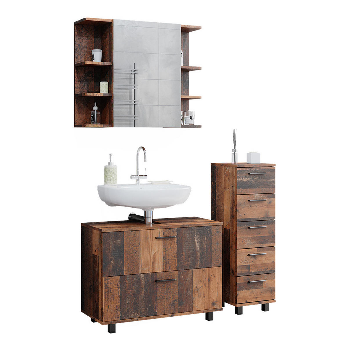 BADMÖBEL-SET Ilias Eiche rustikal 3 Teile, mit Unterschrank 80 cm - Wildeiche, Holzwerkstoff (80/60/33cm) - Vicco