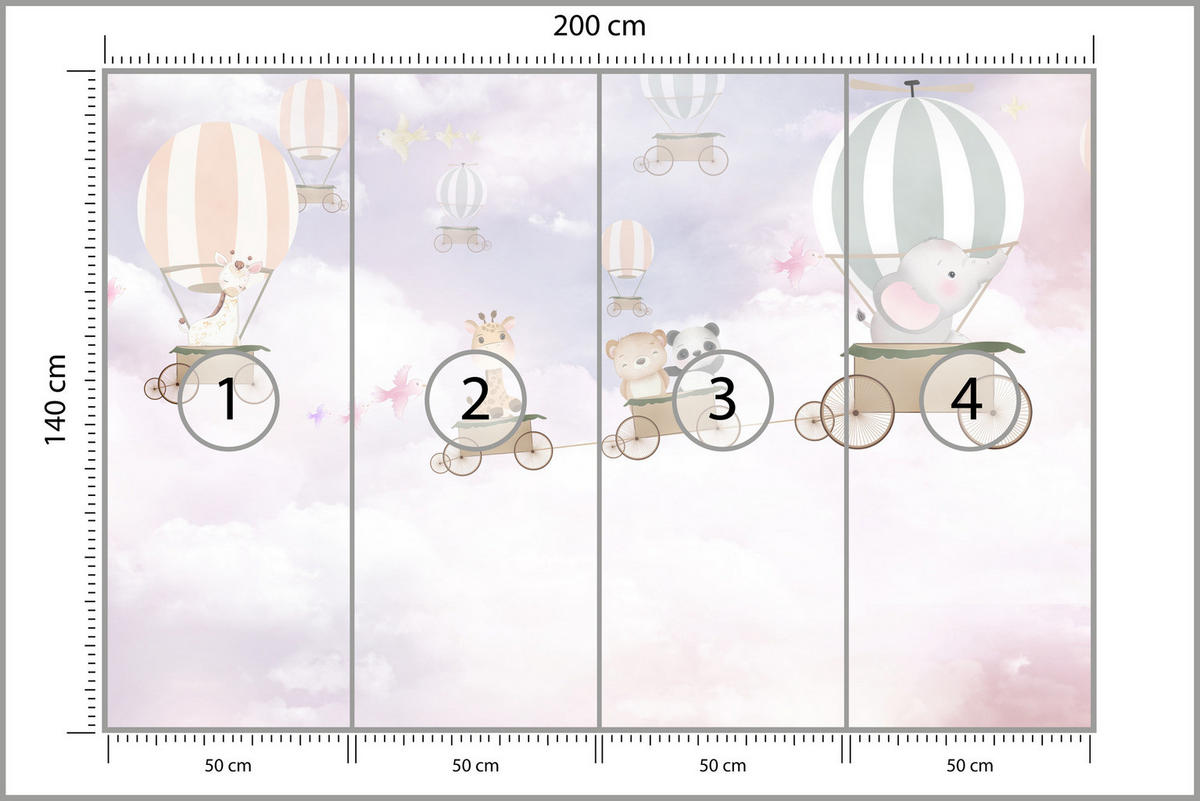 FOTOTAPETE für Kinderzimmer Tiere Wolken Luftballons 200x140 - Beige/Violett, Papier (200/140cm) - Muralo