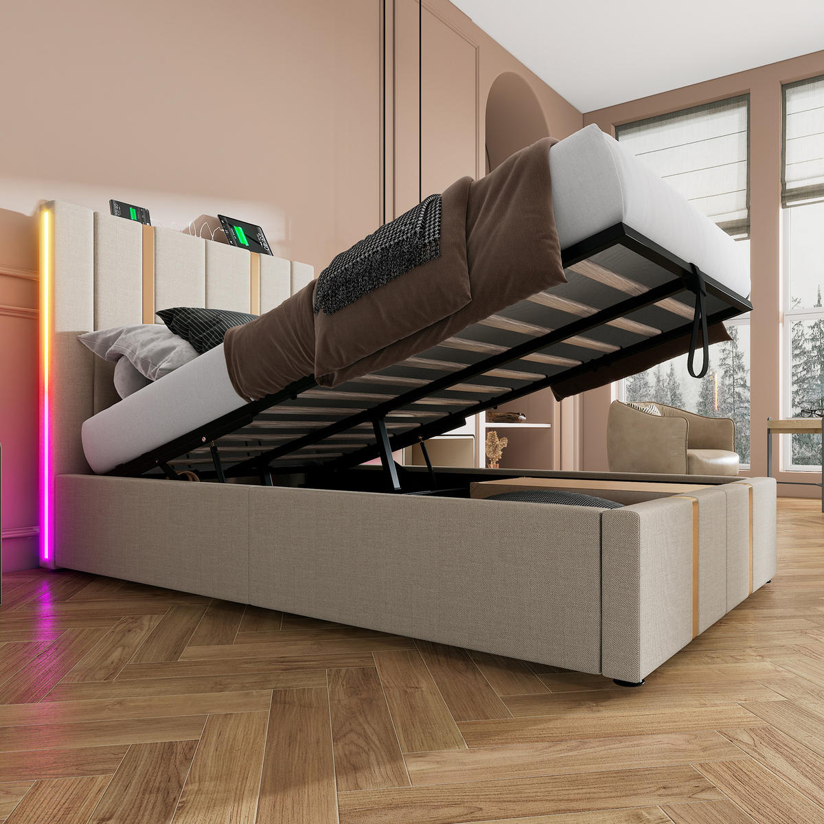 BETT mit Stauraum 90x200 cm Leinen Beige mit LED - Beige, Metall (90/200cm) - Meubliv